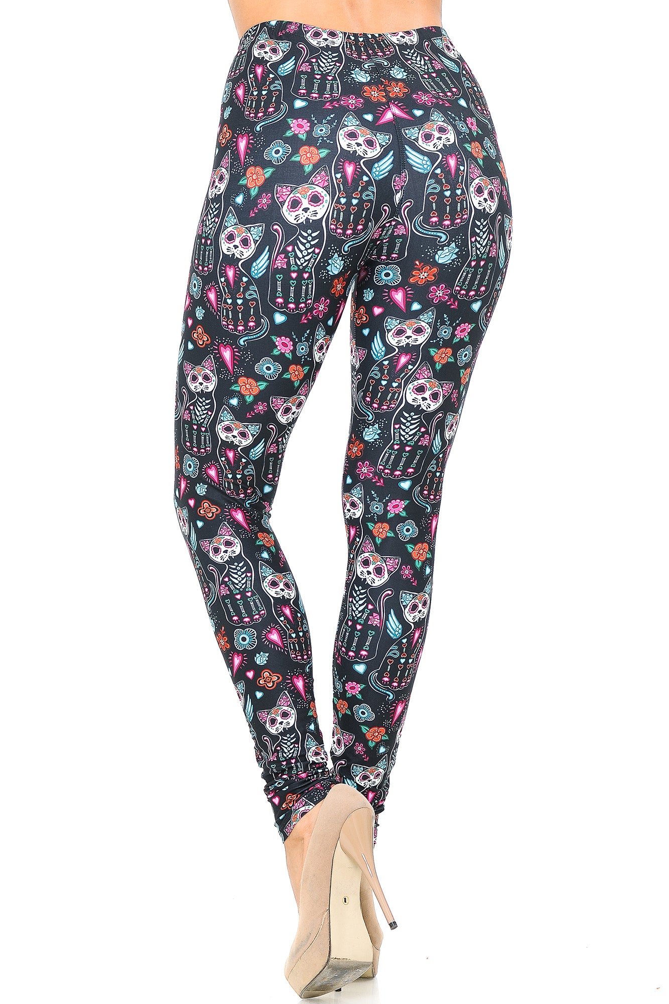 Creamy Soft Sugar Skull Kitty Cats Leggings - USA Fashion (One Size Regular,Multi Color Bold)
