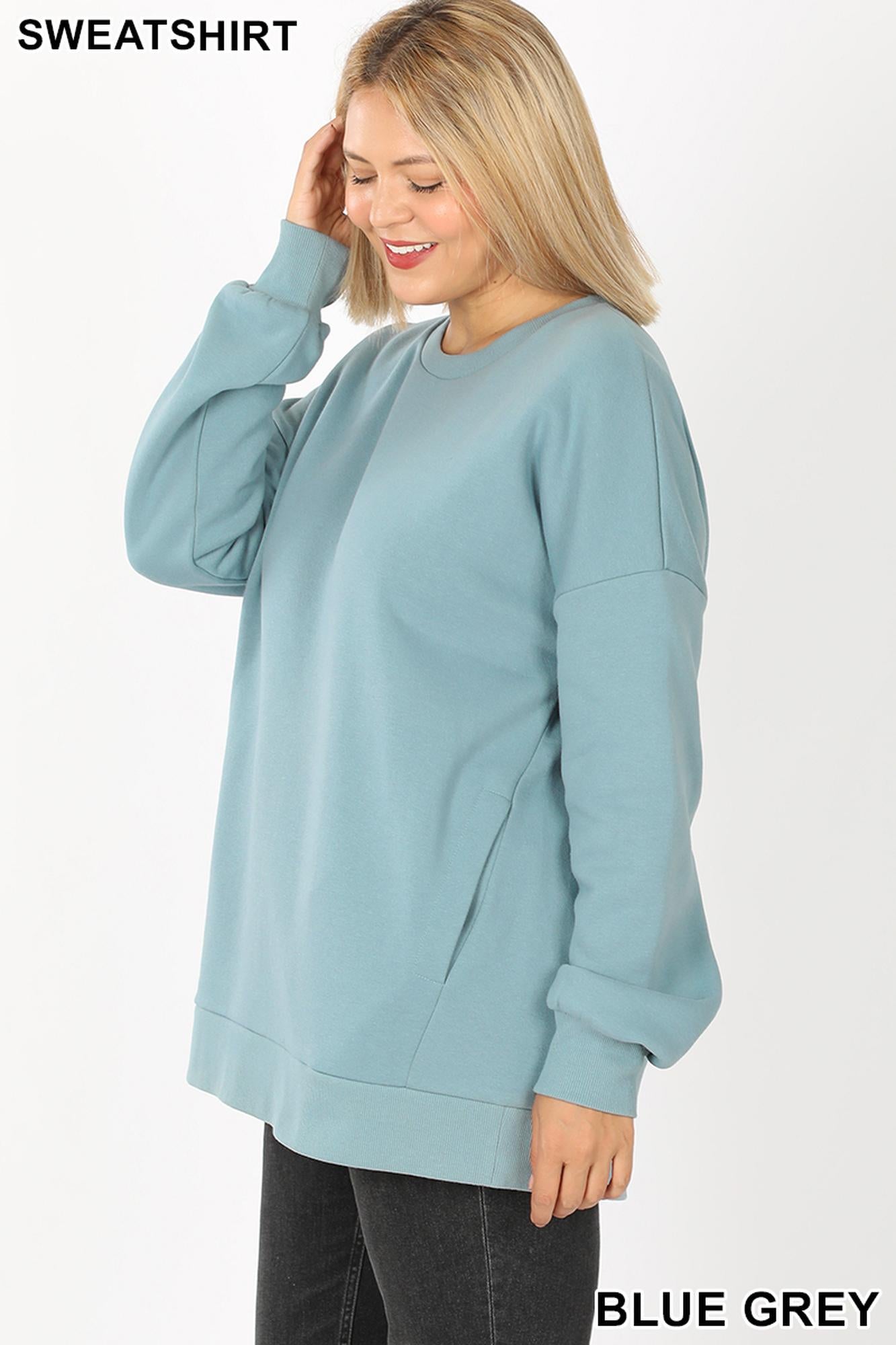 Round Crew Neck Plus Size Sweatshirt with Side Pockets