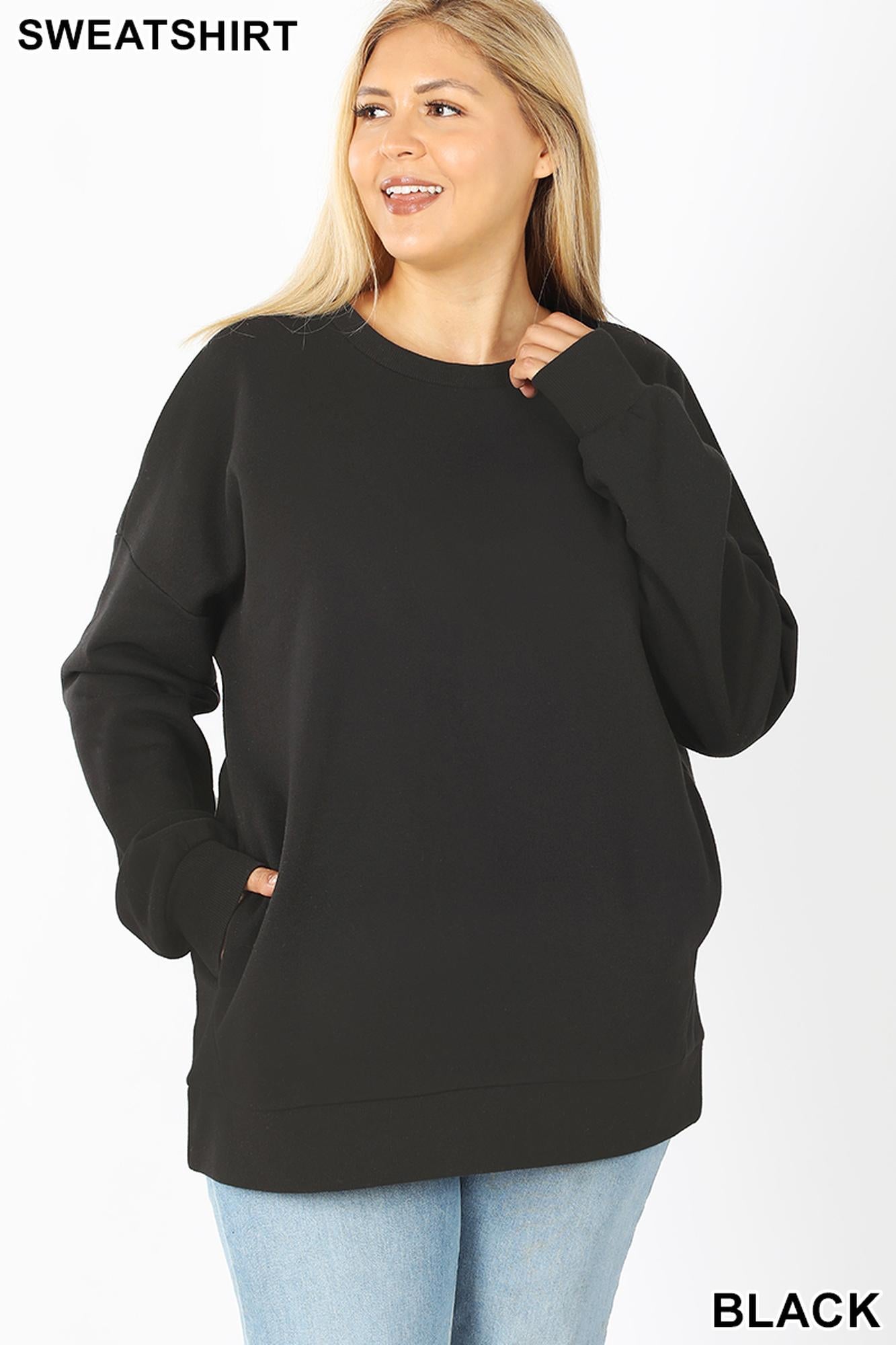 Round Crew Neck Plus Size Sweatshirt with Side Pockets