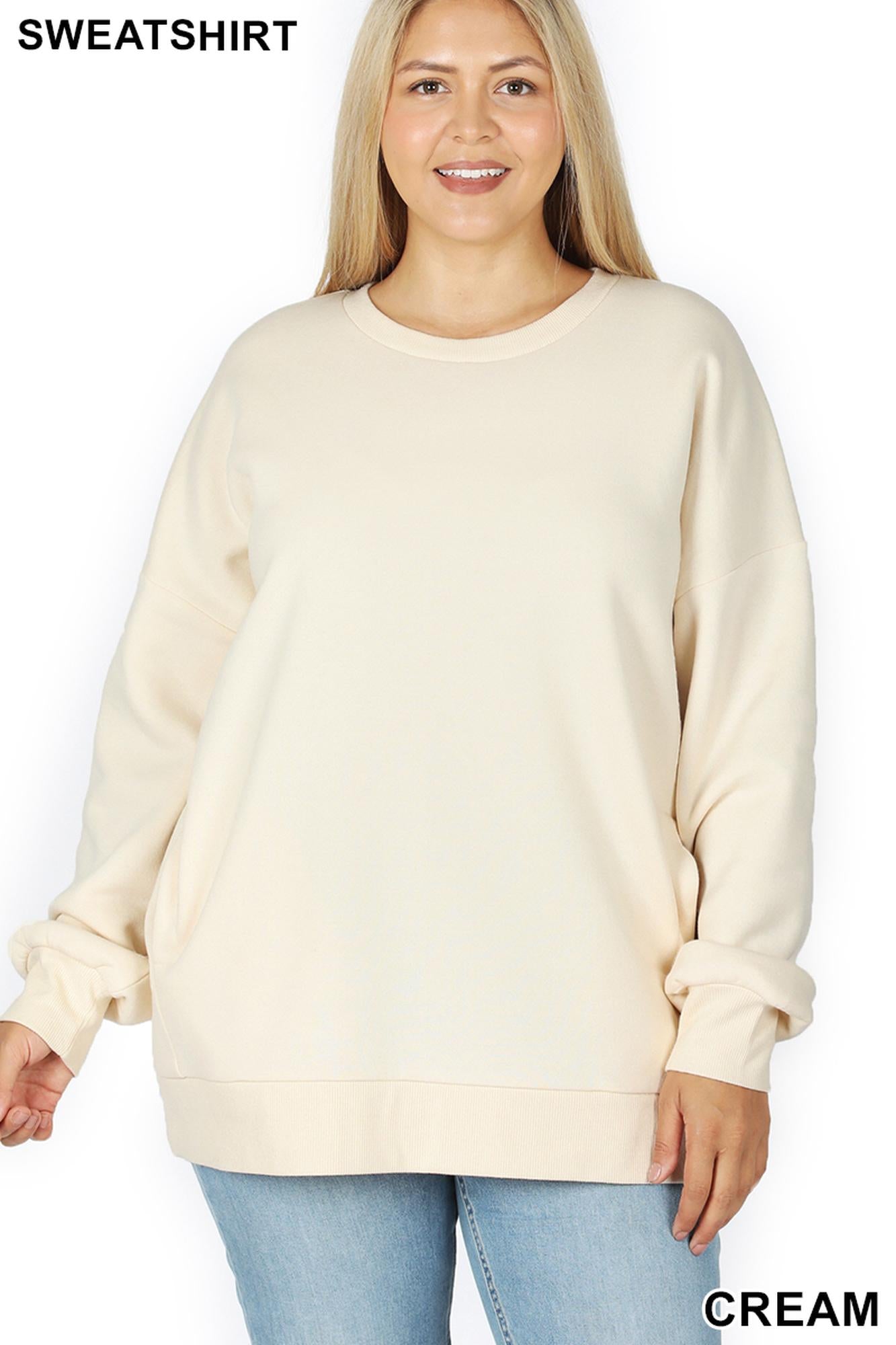 Round Crew Neck Plus Size Sweatshirt with Side Pockets
