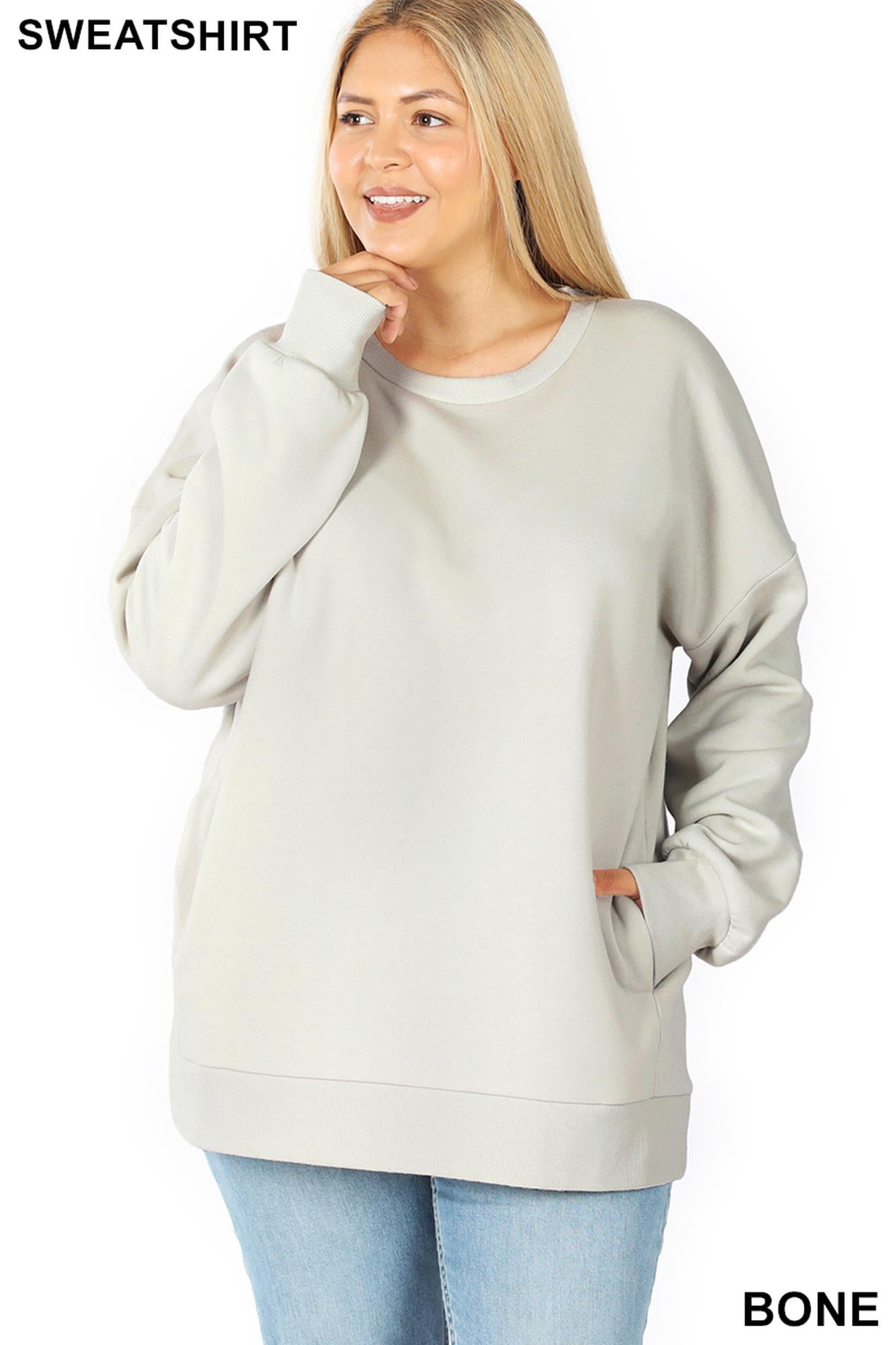 Round Crew Neck Plus Size Sweatshirt with Side Pockets