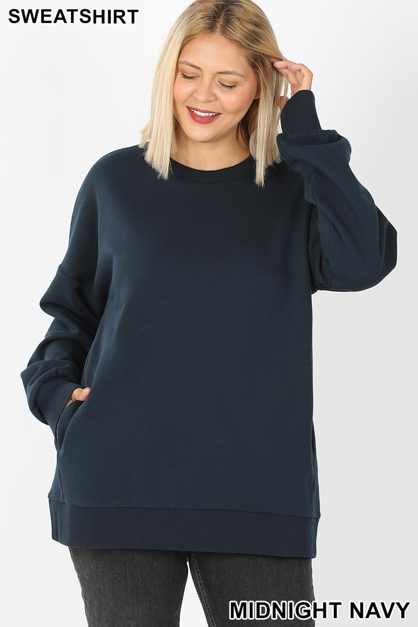 Round Crew Neck Plus Size Sweatshirt with Side Pockets