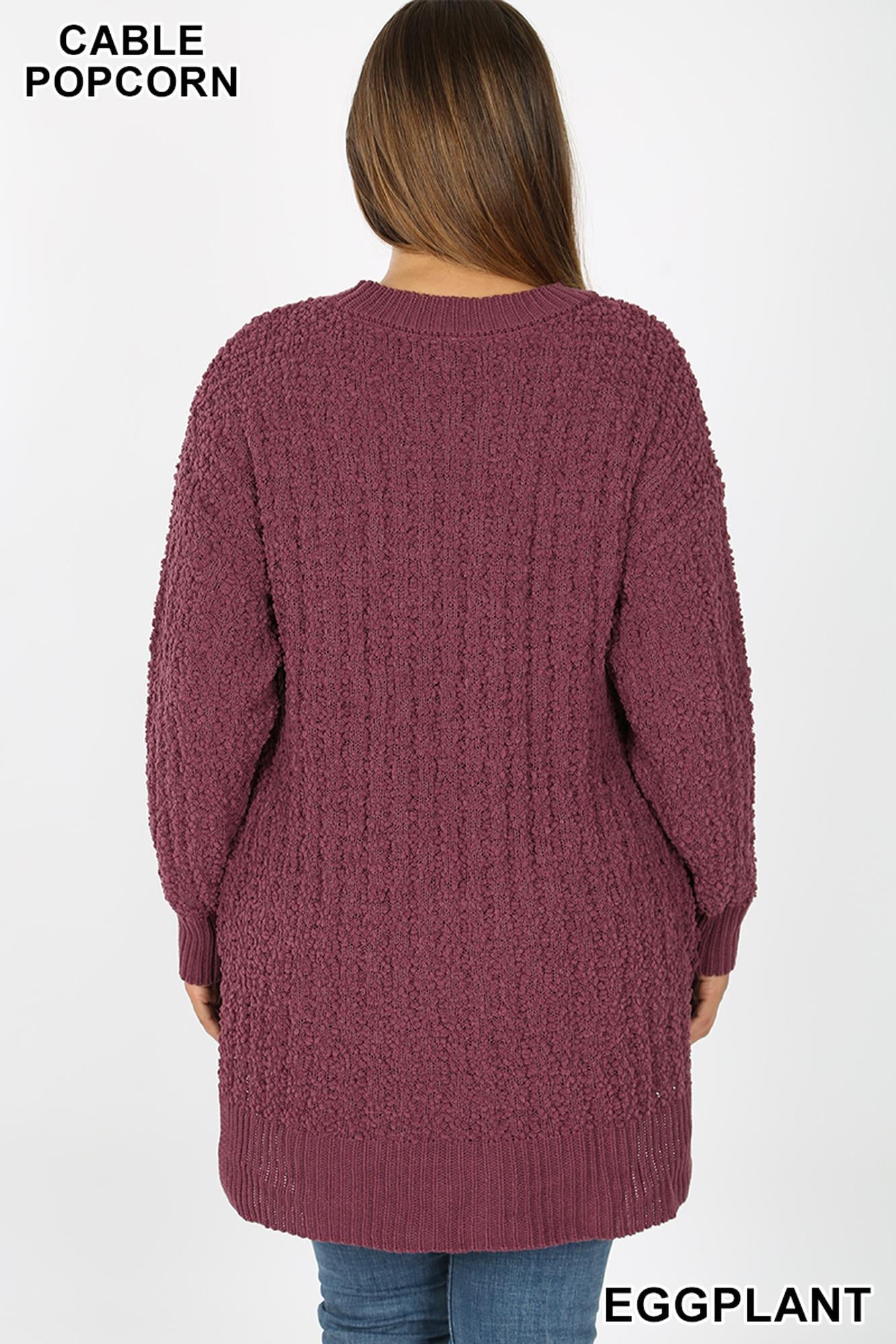 Cable Knit Popcorn Round Neck Hi|Low Plus Size Sweater