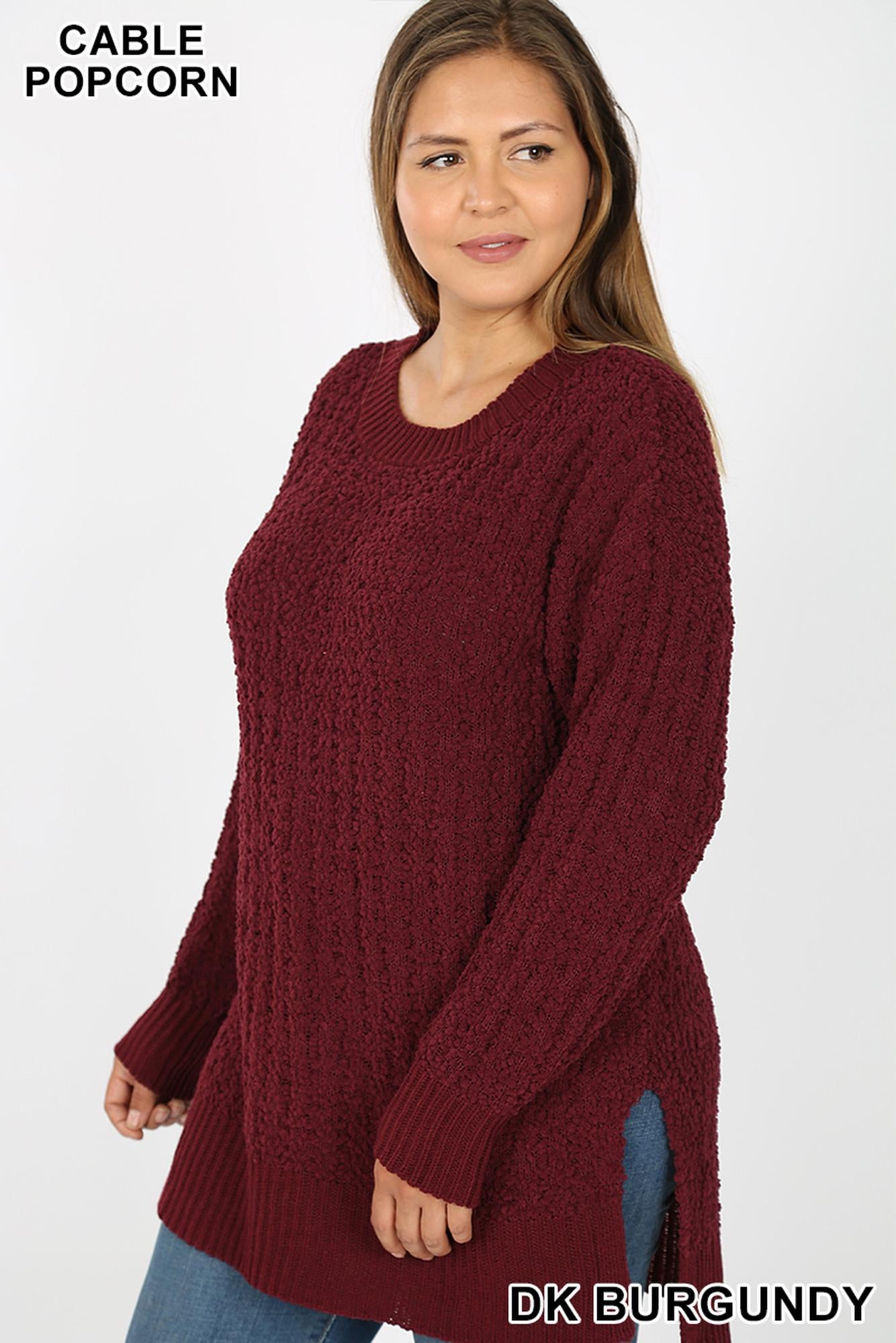 Cable Knit Popcorn Round Neck Hi|Low Plus Size Sweater