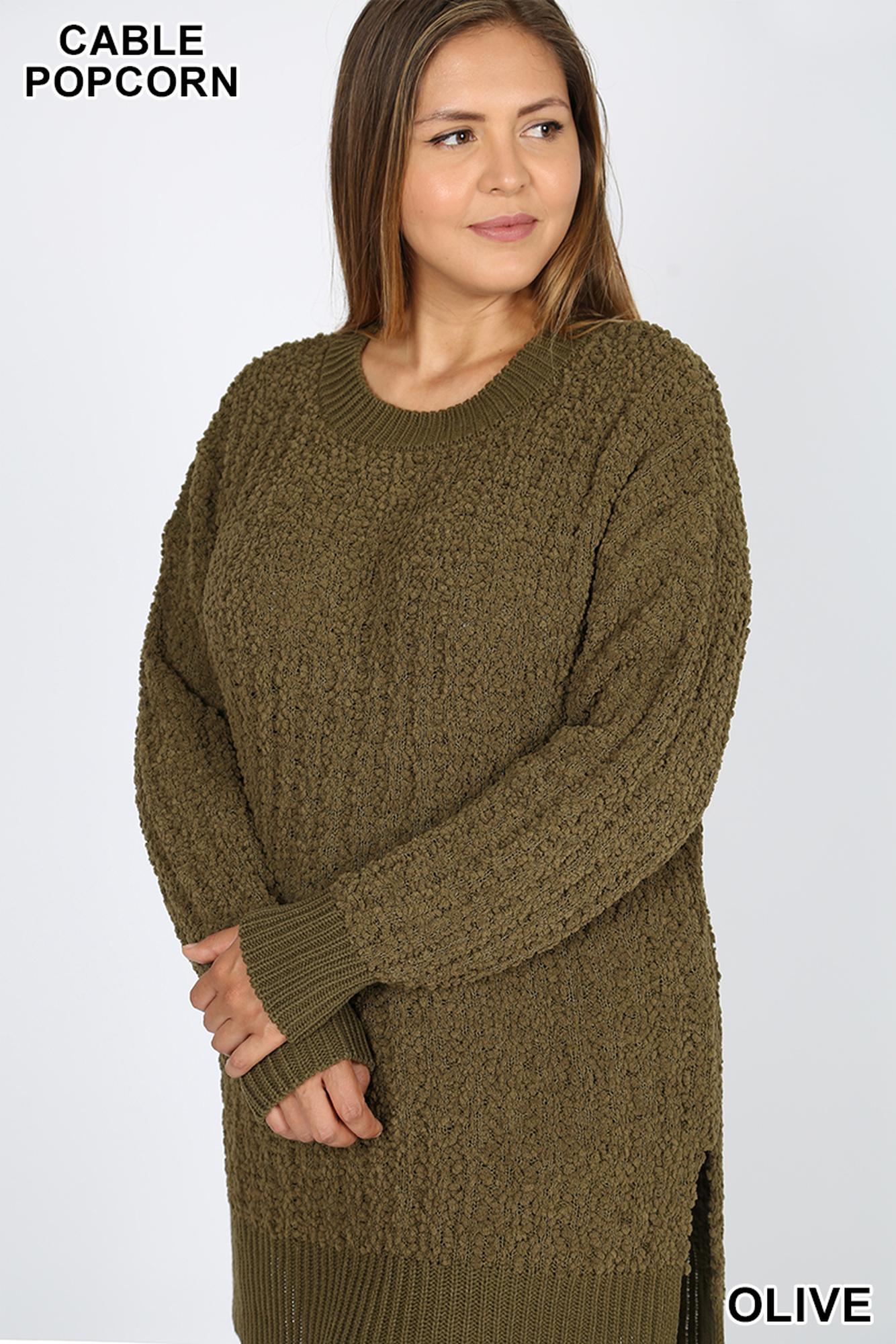 Cable Knit Popcorn Round Neck Hi|Low Plus Size Sweater