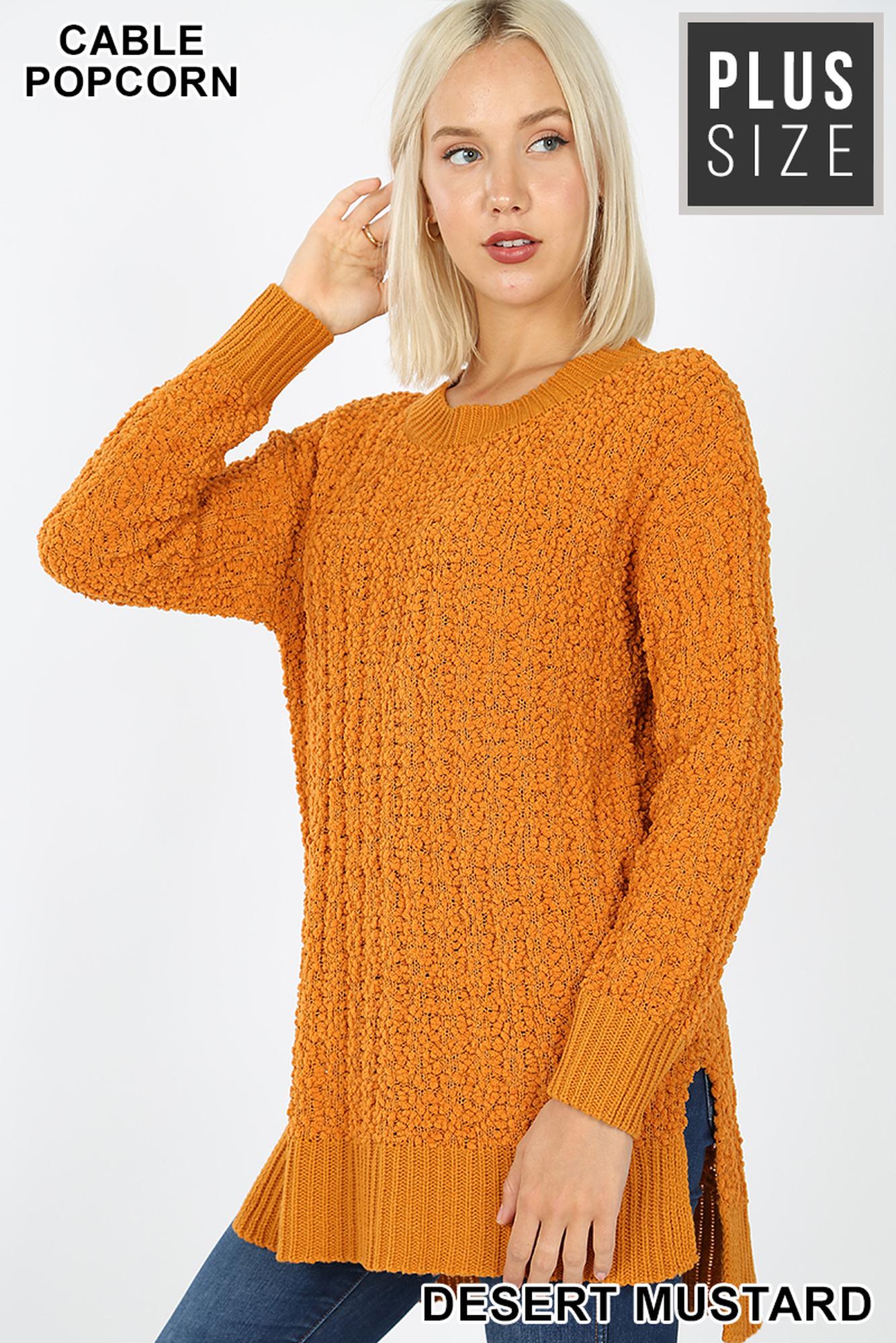 Cable Knit Popcorn Round Neck Hi|Low Plus Size Sweater