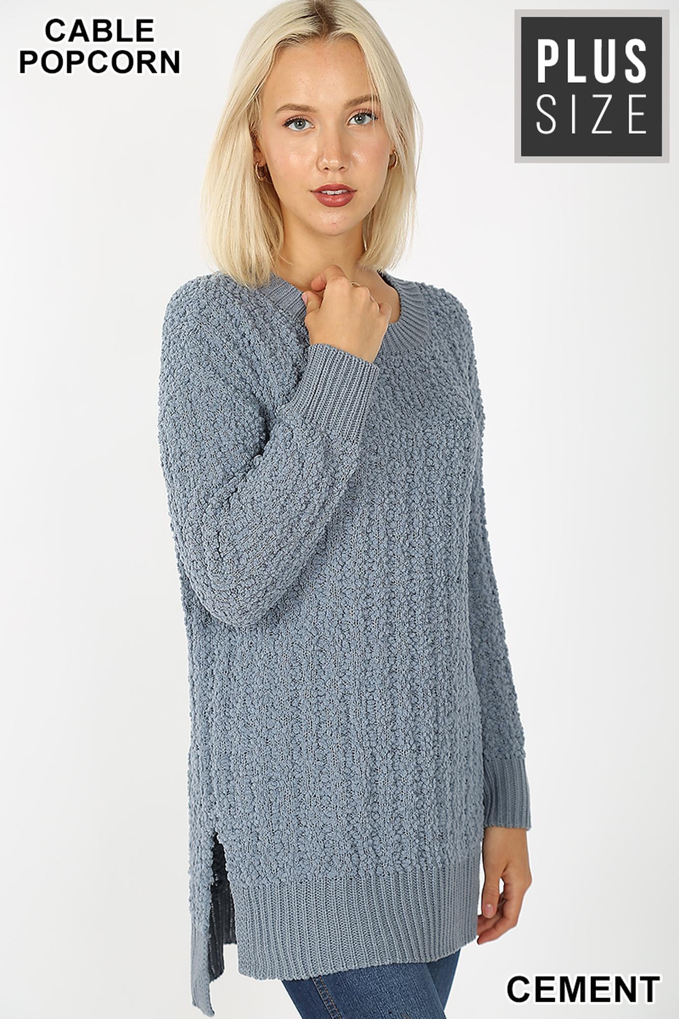 Cable Knit Popcorn Round Neck Hi|Low Plus Size Sweater