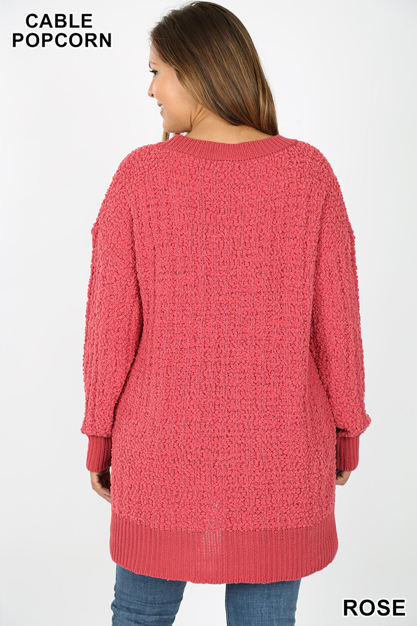 Cable Knit Popcorn V|Neck Hi|Low Plus Size Sweater