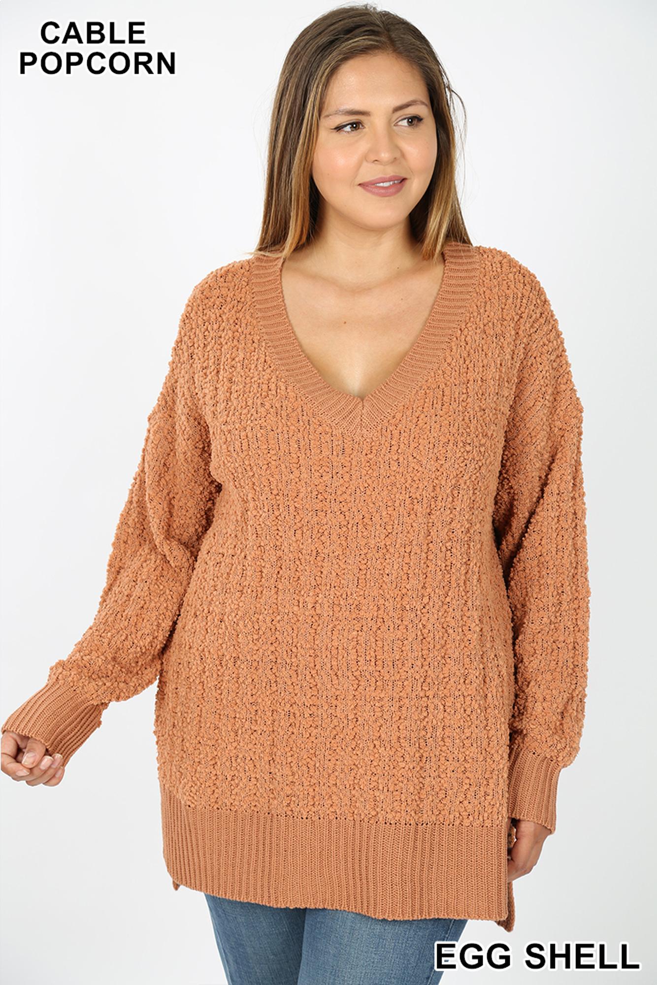 Cable Knit Popcorn V-Neck Hi-Low Plus Size Sweater