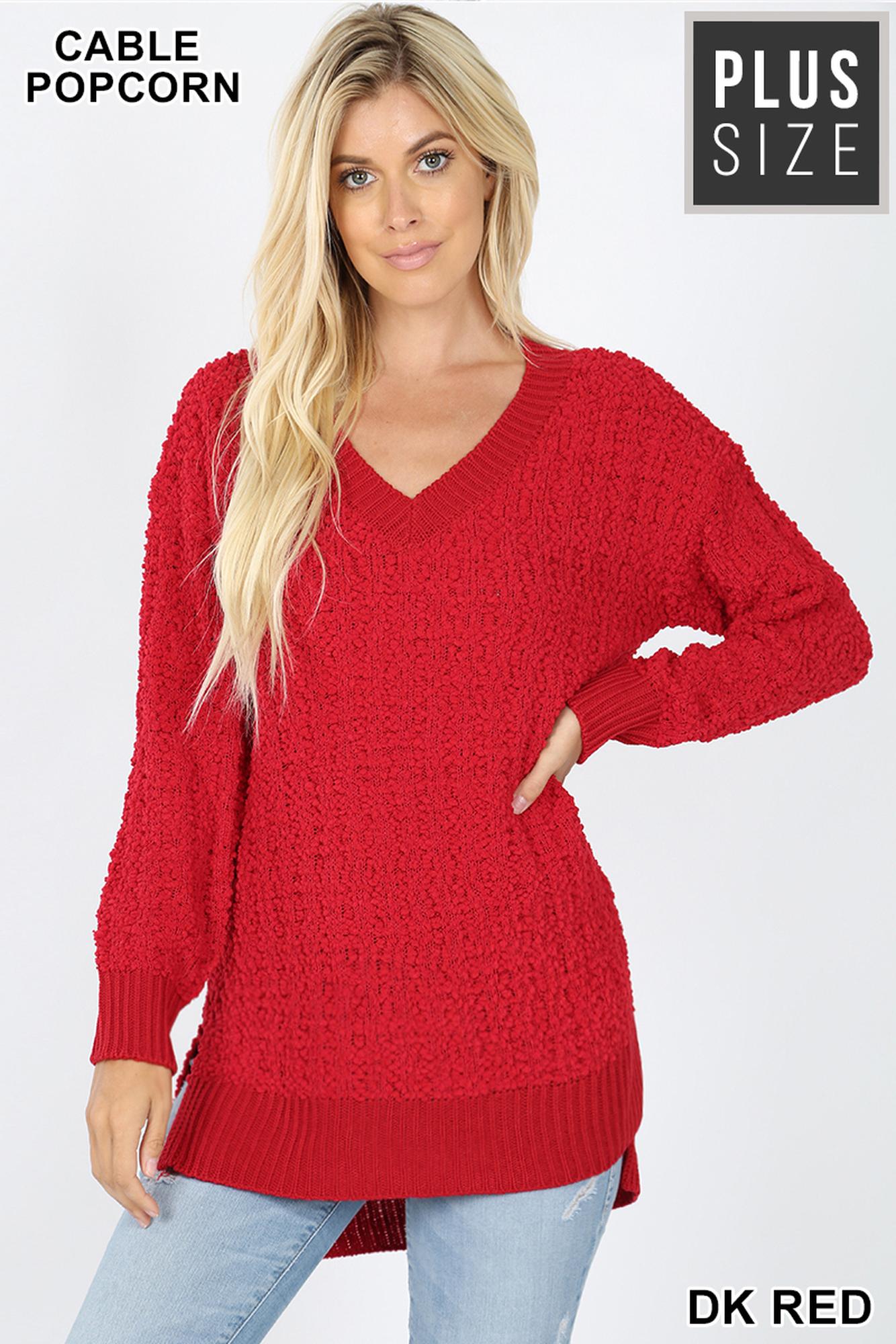 Cable Knit Popcorn V-Neck Hi-Low Plus Size Sweater