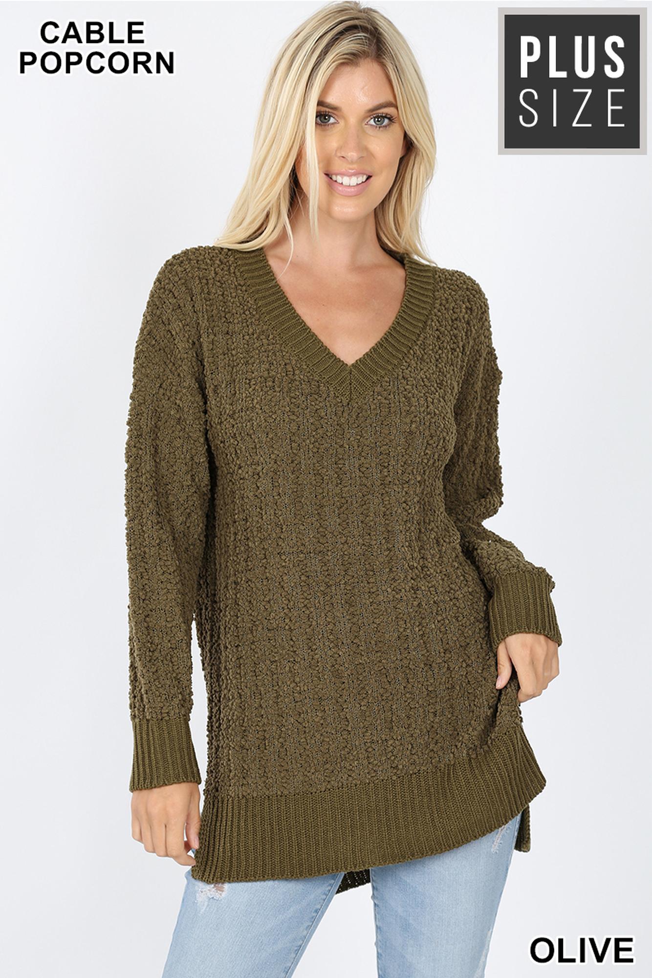 Cable Knit Popcorn V-Neck Hi-Low Plus Size Sweater