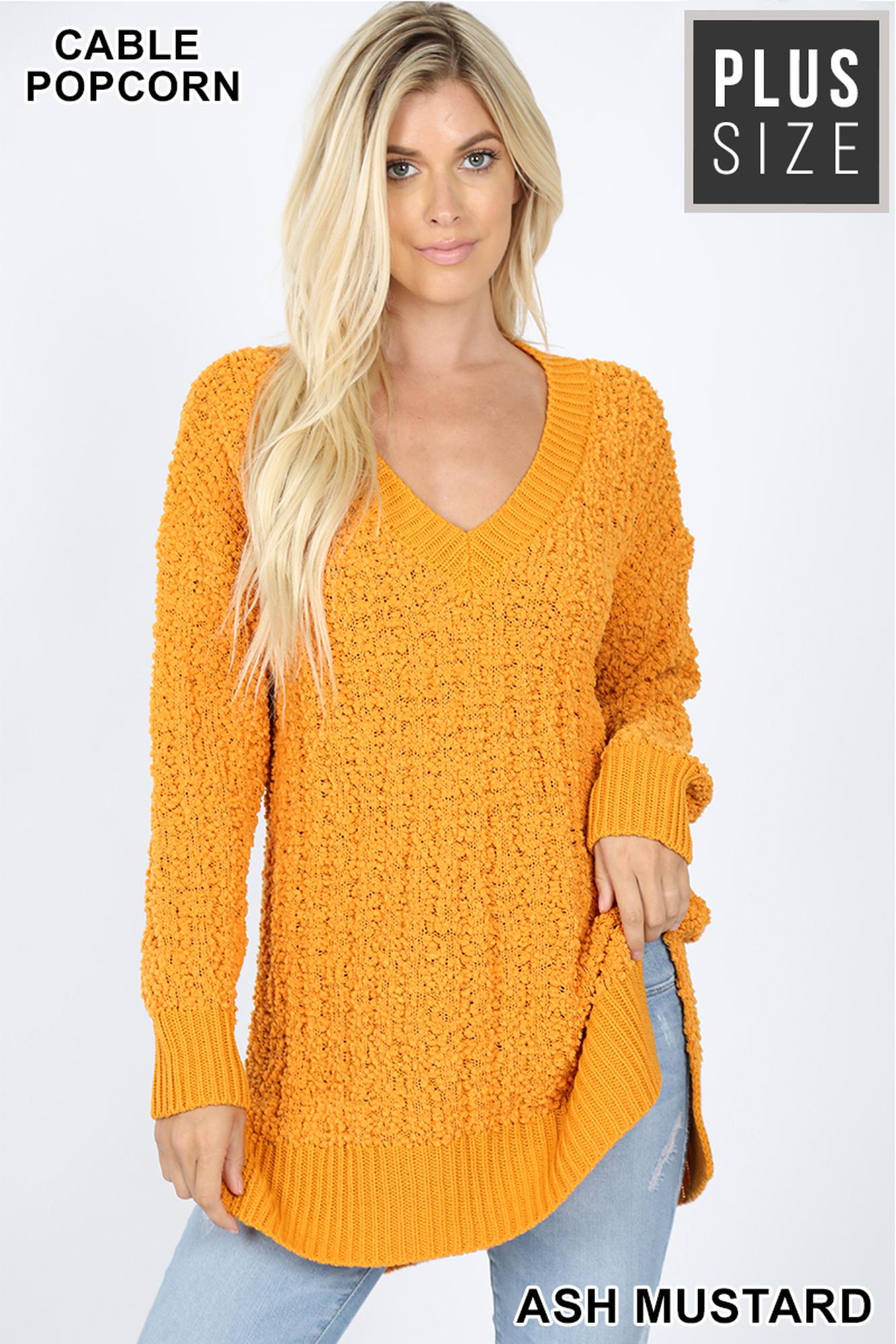 Cable Knit Popcorn V|Neck Hi|Low Plus Size Sweater