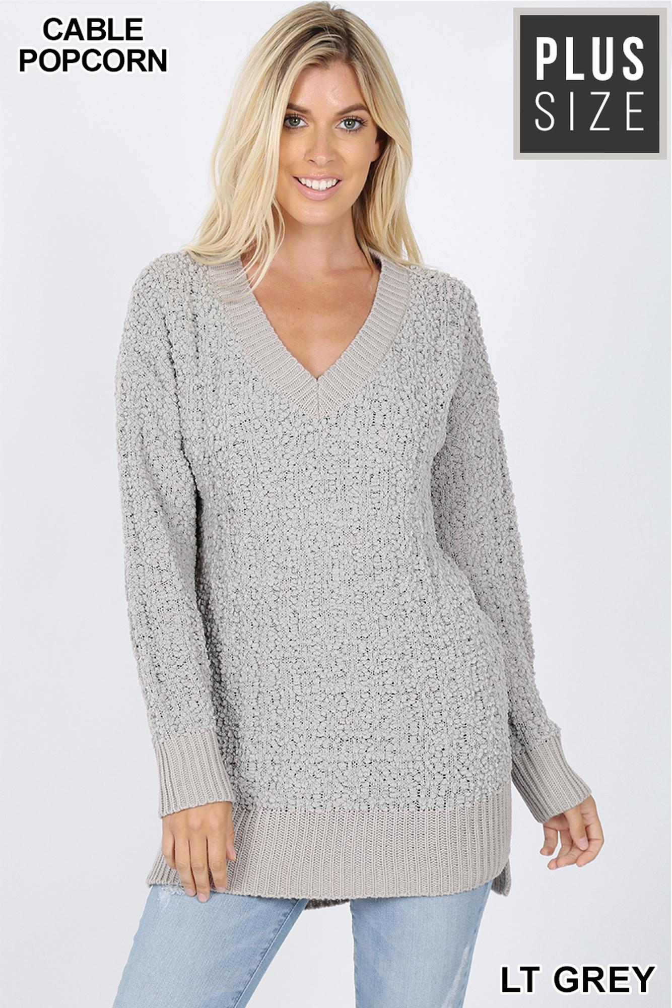 Cable Knit Popcorn V|Neck Hi|Low Plus Size Sweater