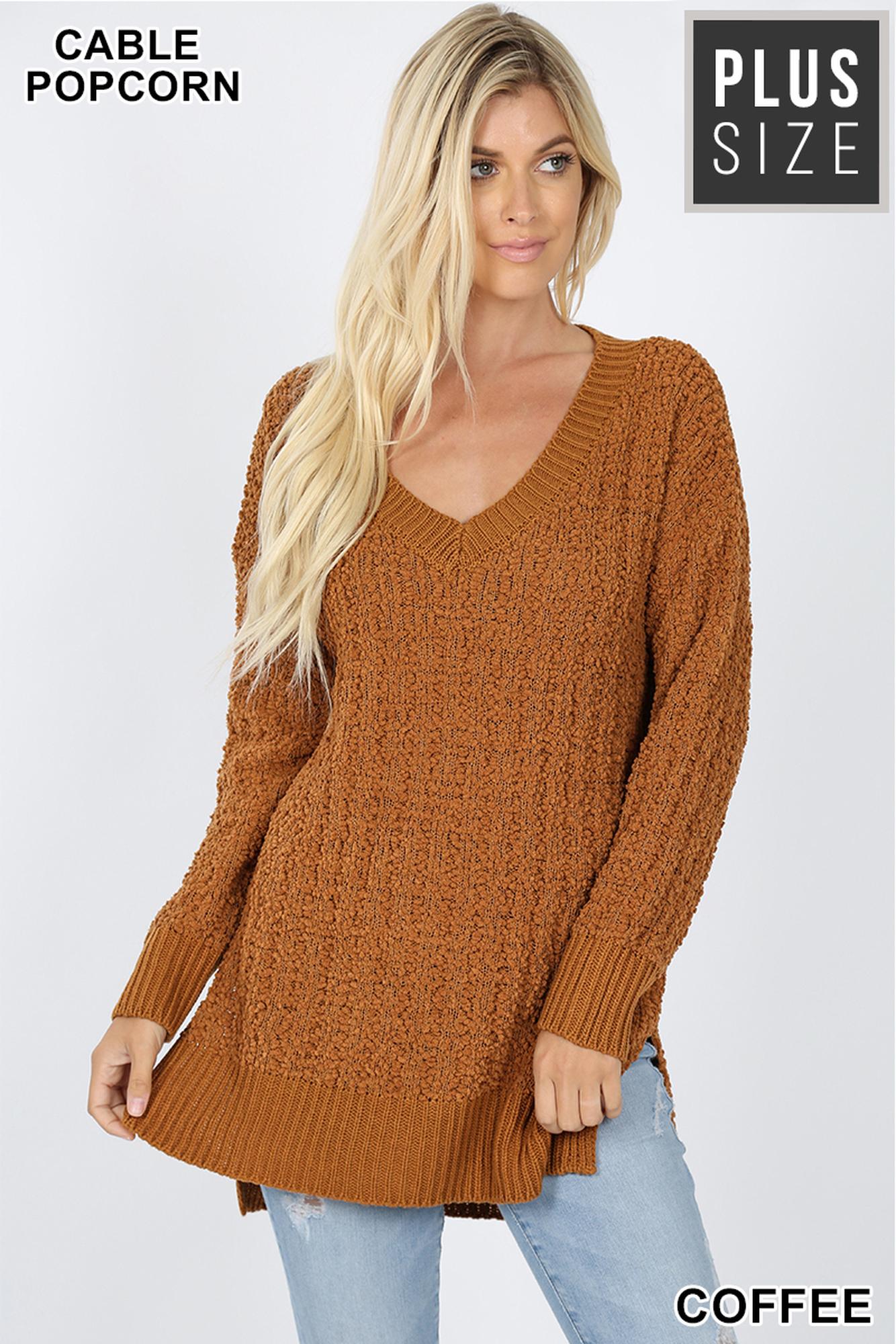 Cable Knit Popcorn V|Neck Hi|Low Plus Size Sweater
