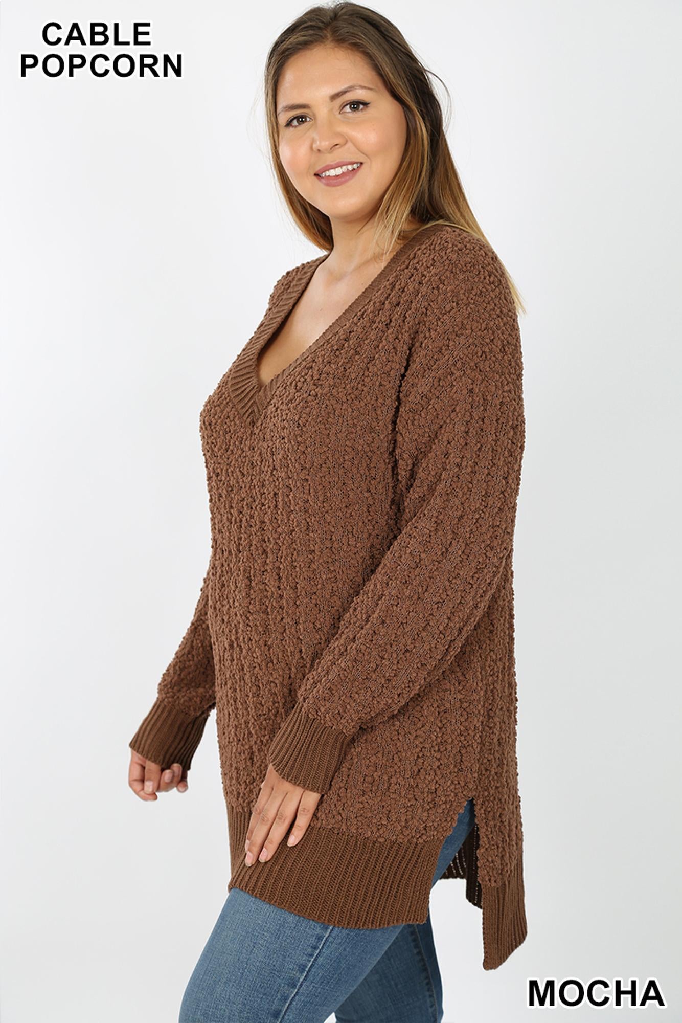 Cable Knit Popcorn V|Neck Hi|Low Plus Size Sweater