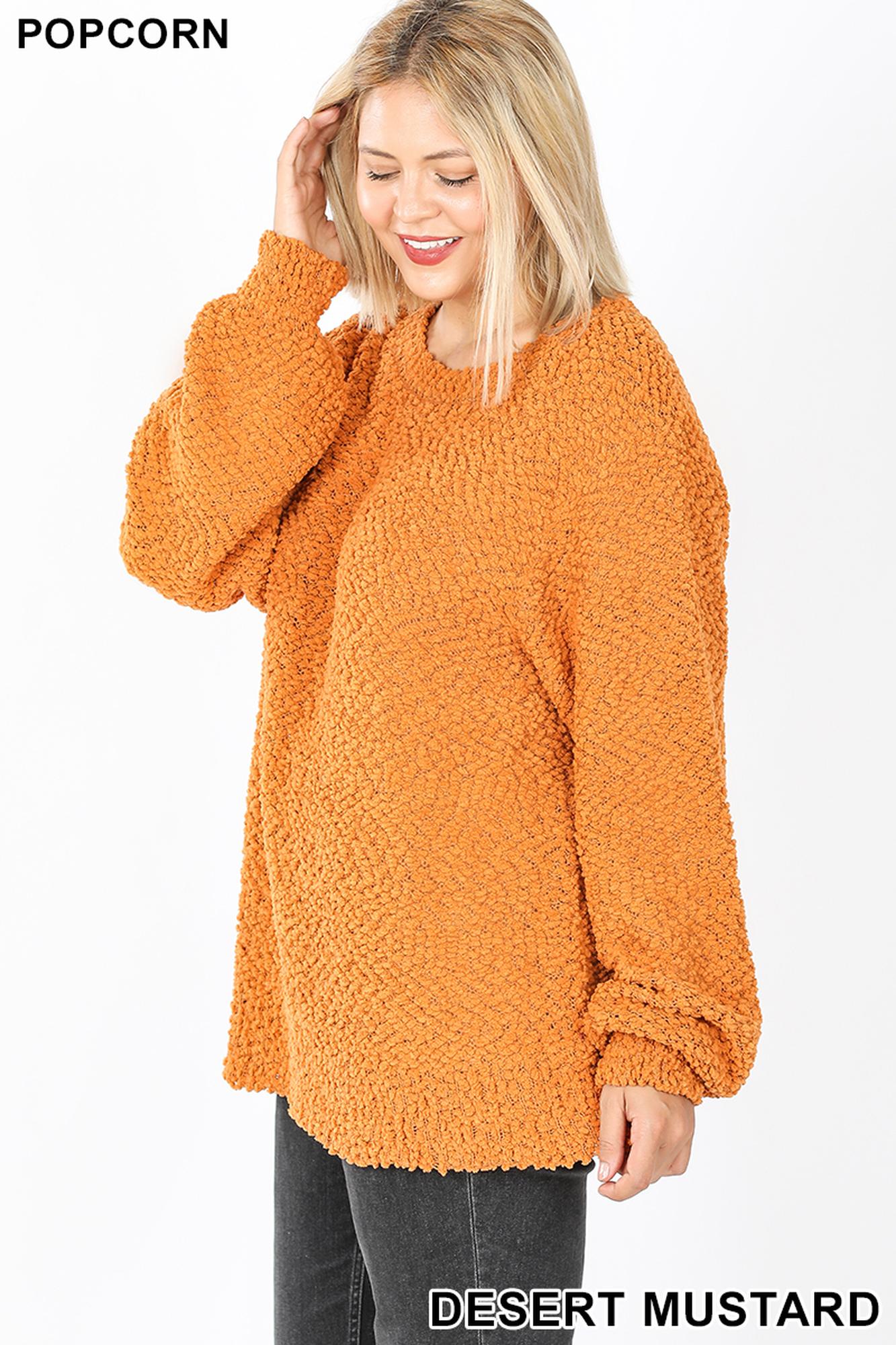 Popcorn Balloon Sleeve Round Neck Plus Size Pullover Sweater