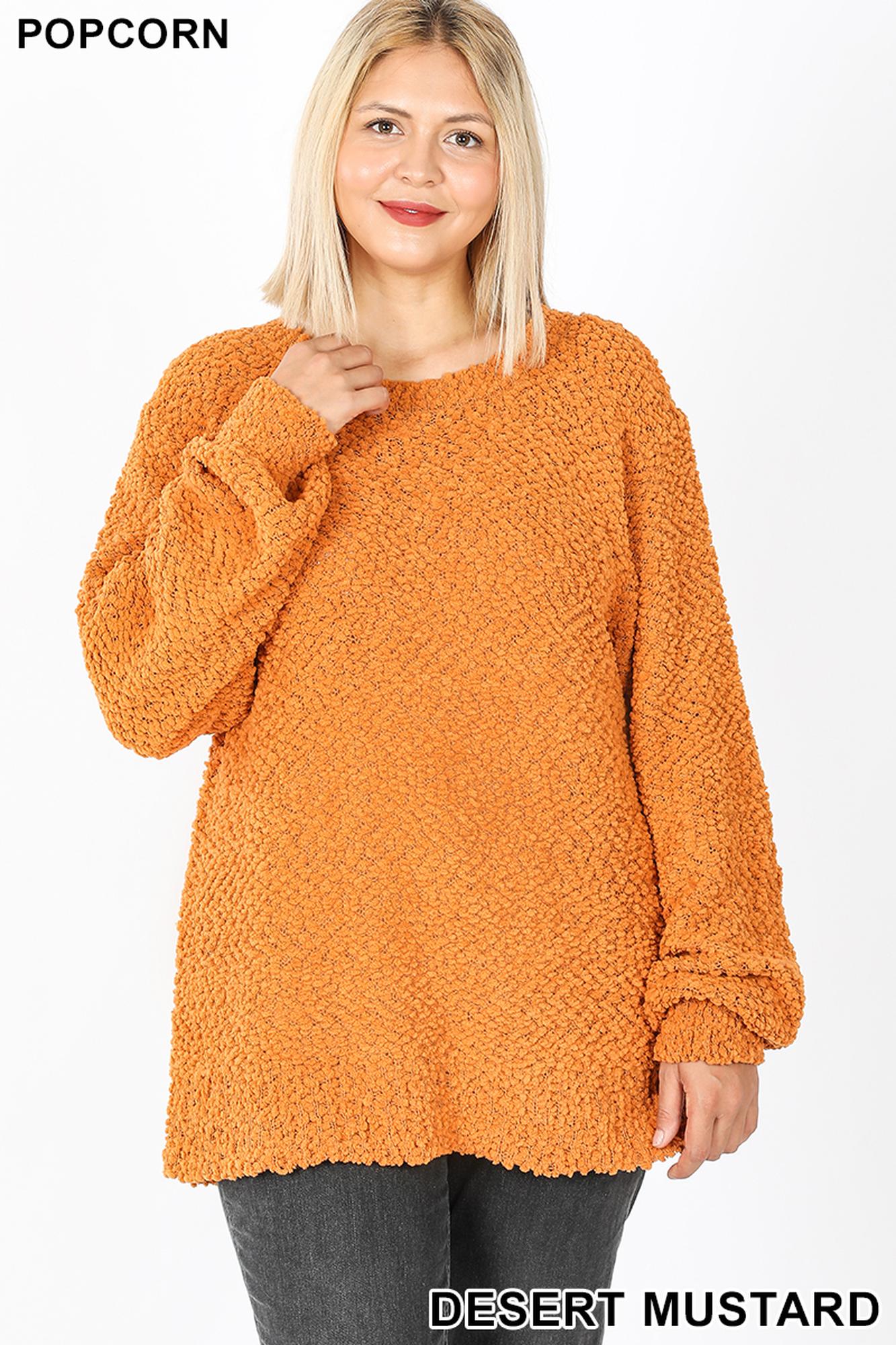 Popcorn Balloon Sleeve Round Neck Plus Size Pullover Sweater