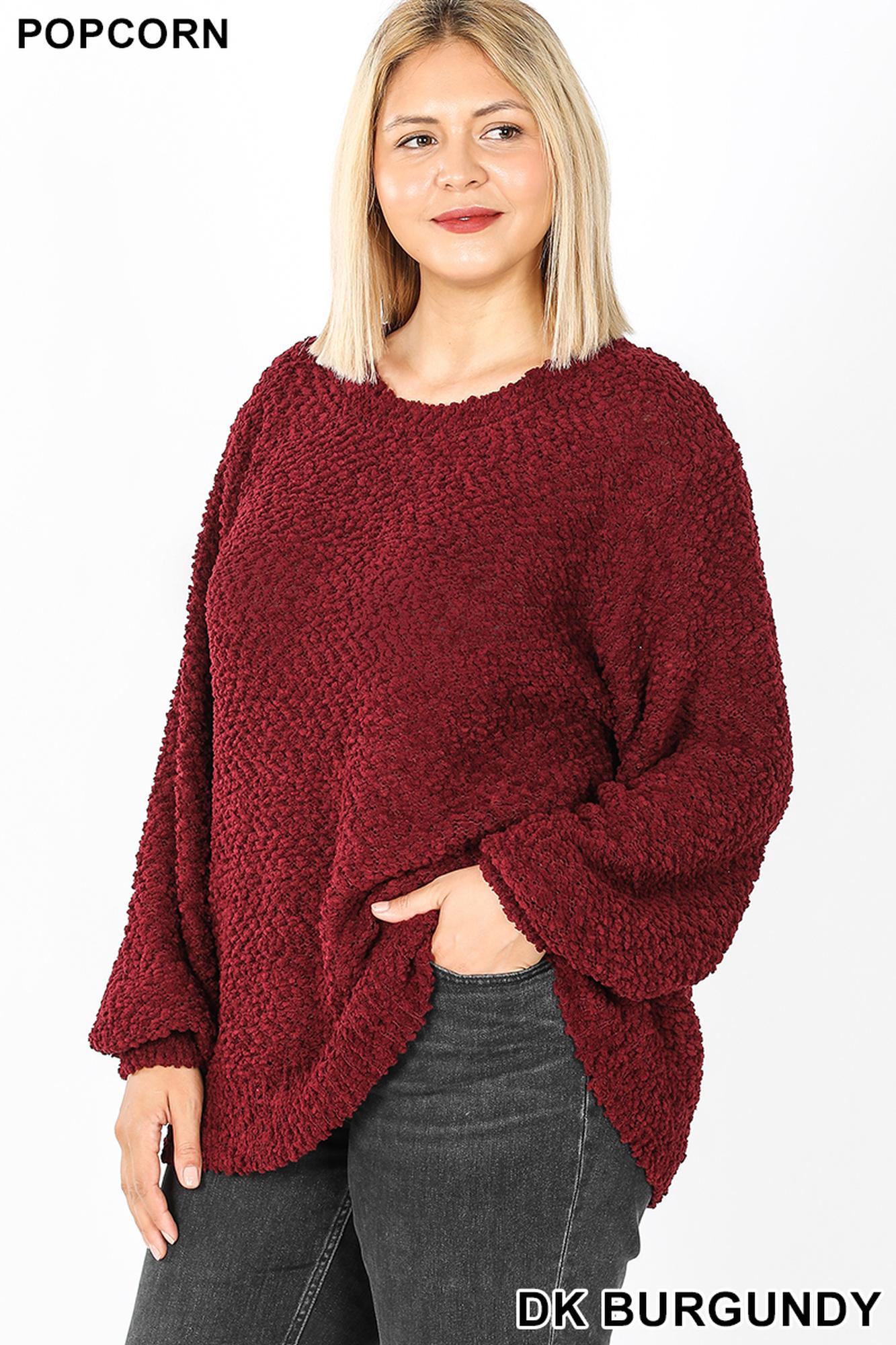 Popcorn Balloon Sleeve Round Neck Plus Size Pullover Sweater
