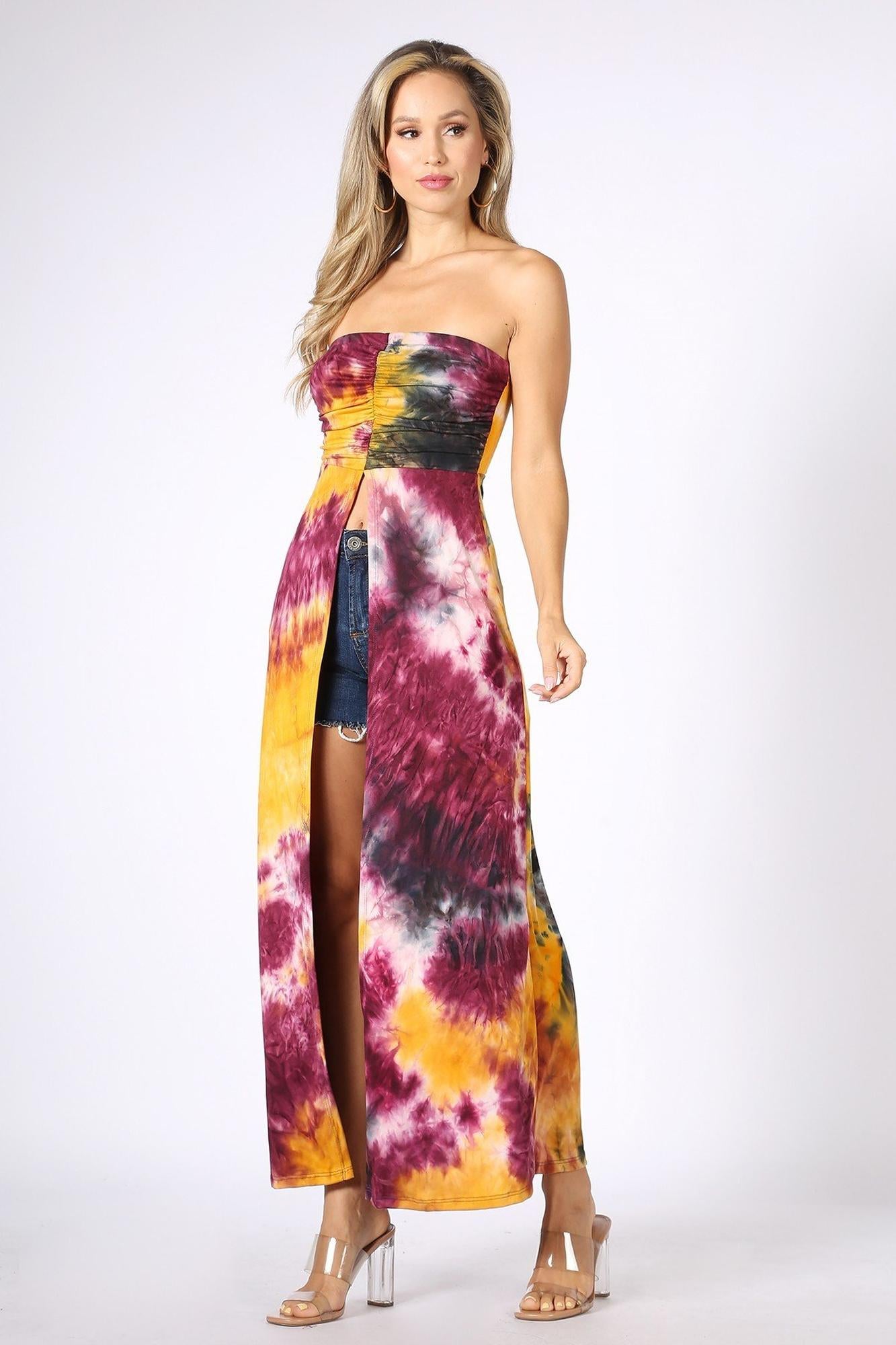 Tie Dye Ruched Split Front Maxi Duster Tube Top