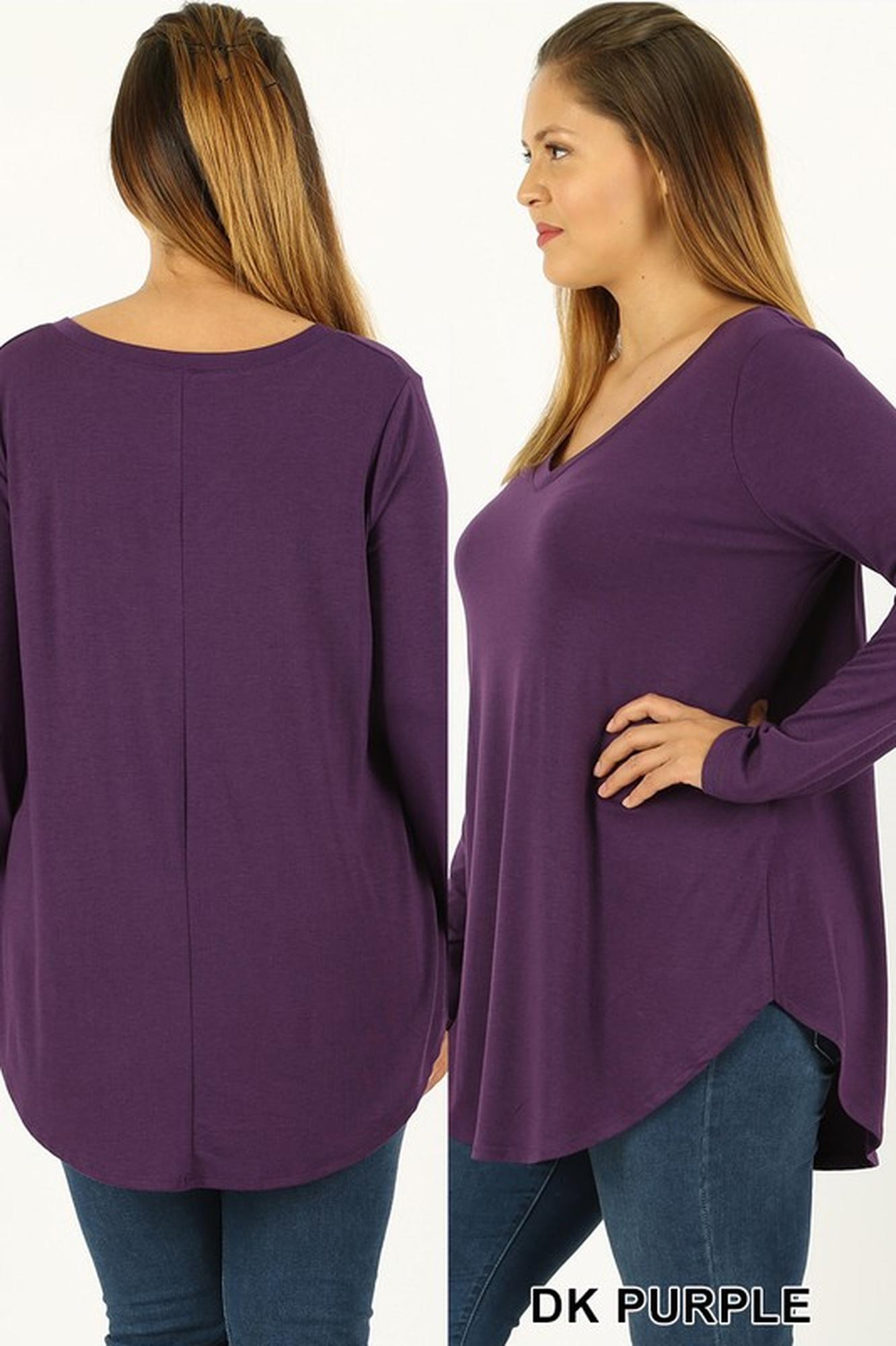 Premium V-Neck Round Hem Long Sleeve Plus Size Top