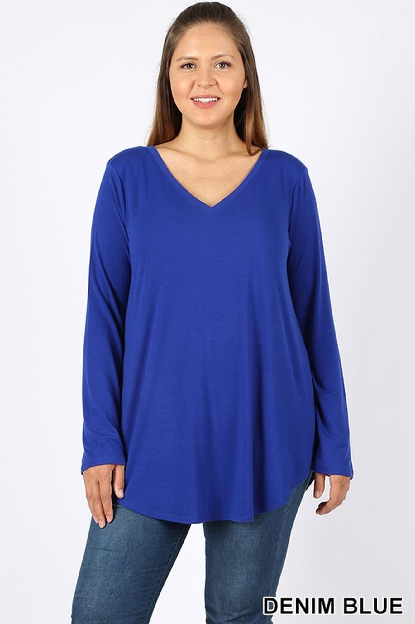 Premium V|Neck Round Hem Long Sleeve Plus Size Top