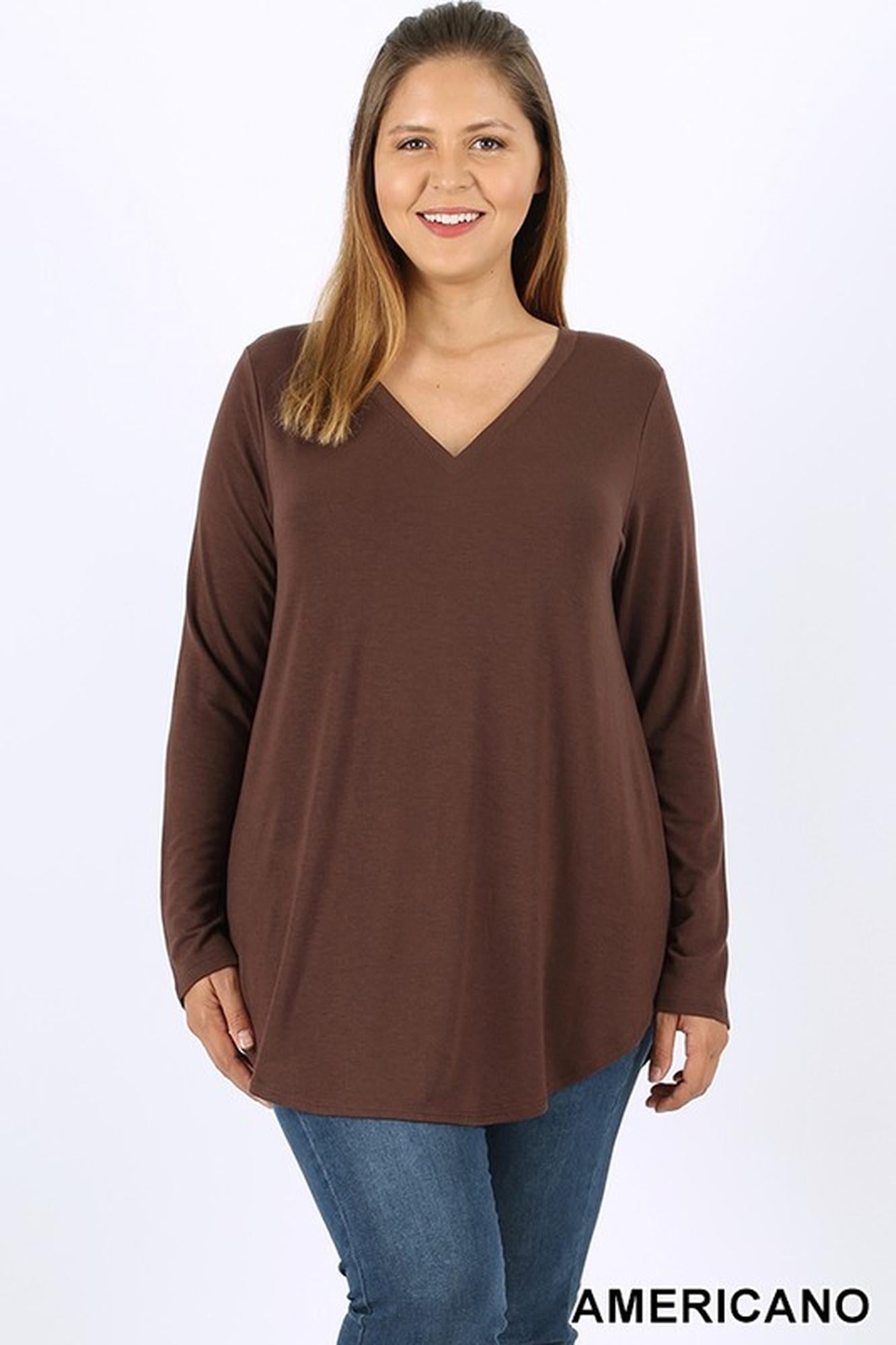 Premium V|Neck Round Hem Long Sleeve Plus Size Top