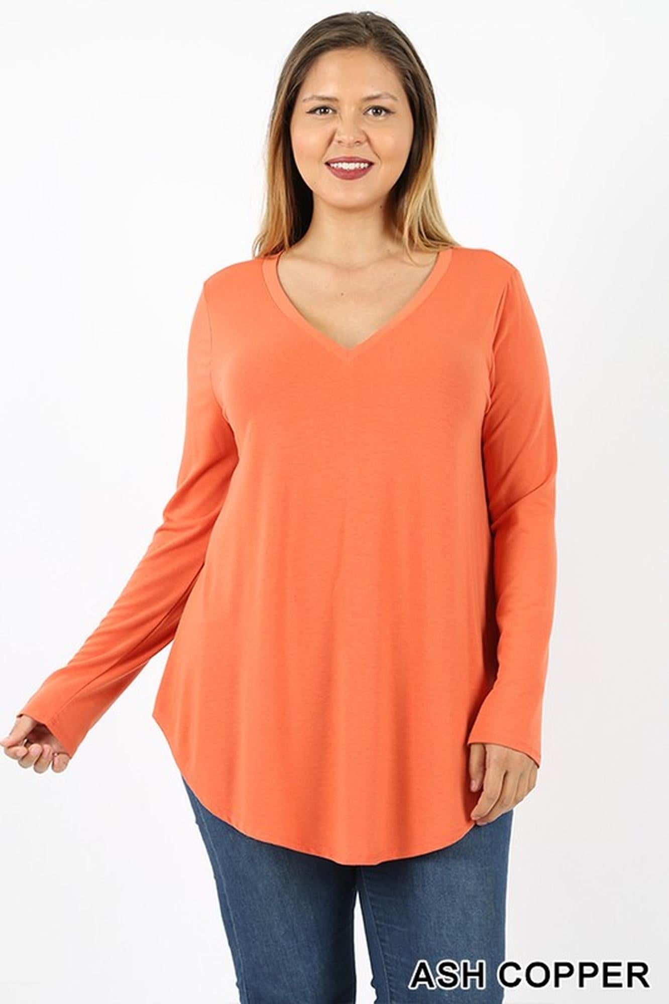 Premium V|Neck Round Hem Long Sleeve Plus Size Top