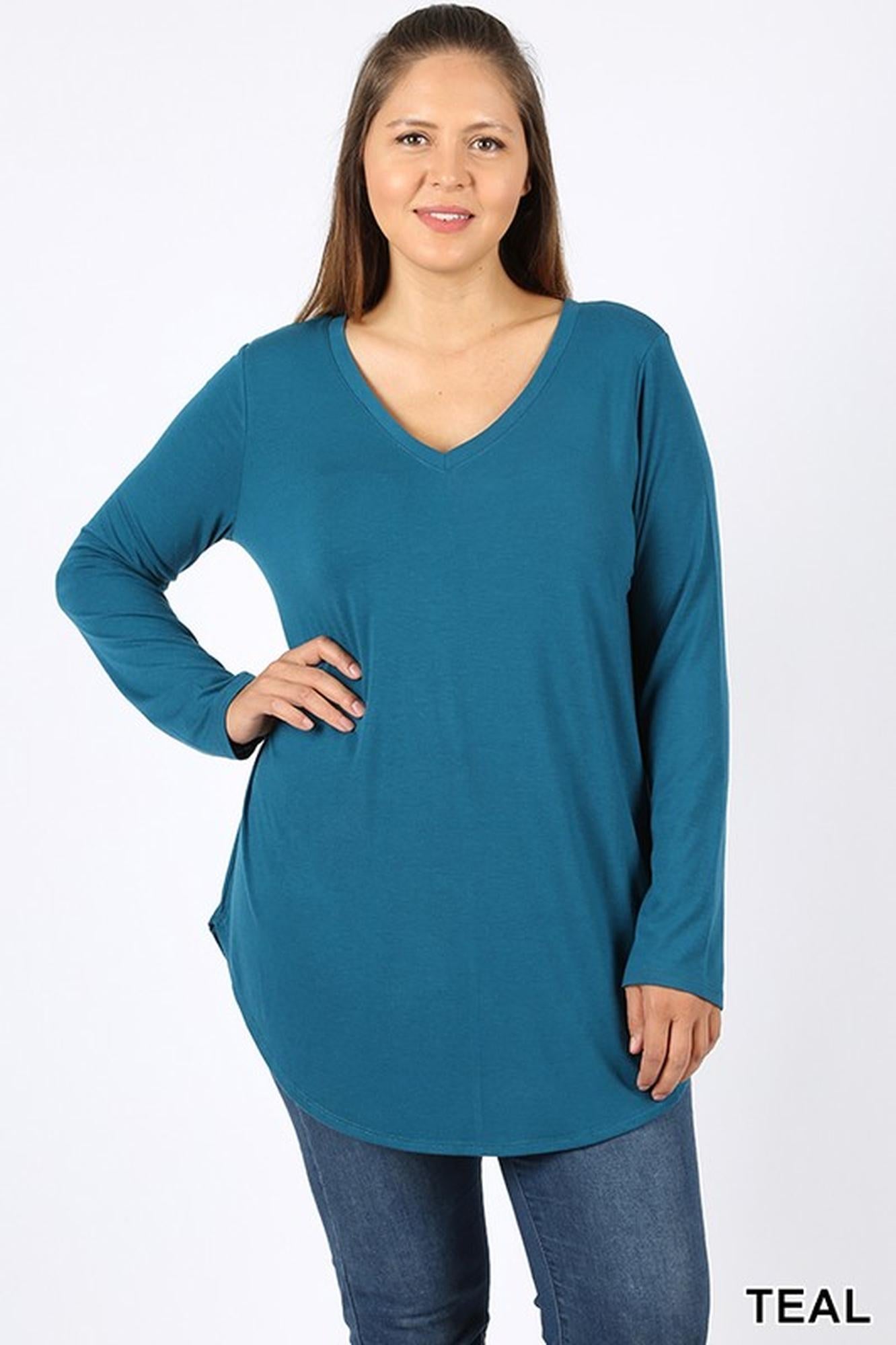 Premium V|Neck Round Hem Long Sleeve Plus Size Top