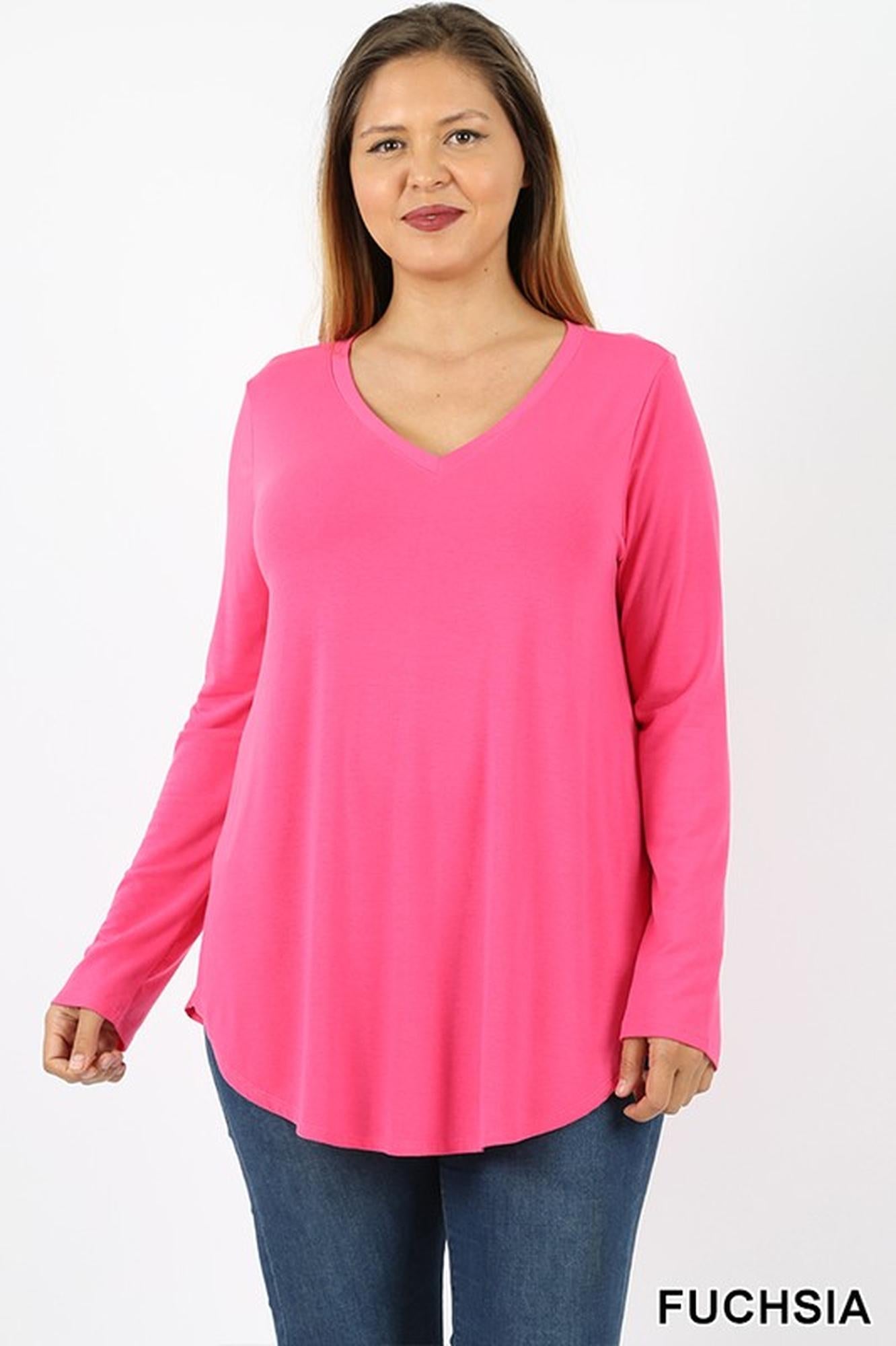 Premium V|Neck Round Hem Long Sleeve Plus Size Top