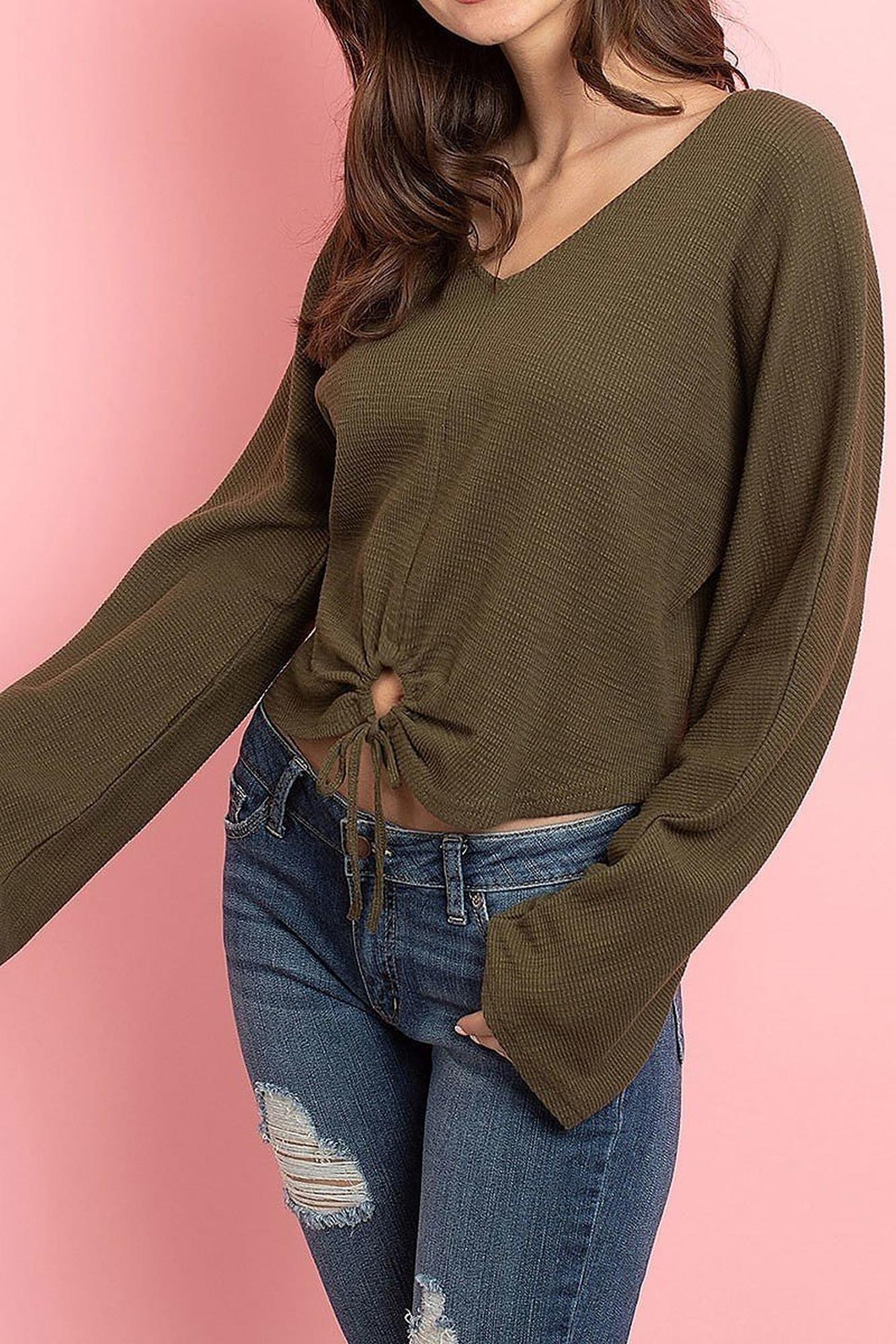 Cropped Waist Tie Hem Long Sleeve Cotton V-Neck Top
