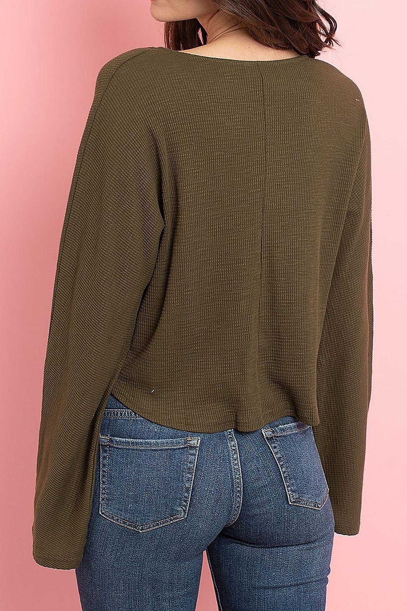 Cropped Waist Tie Hem Long Sleeve Cotton V-Neck Top