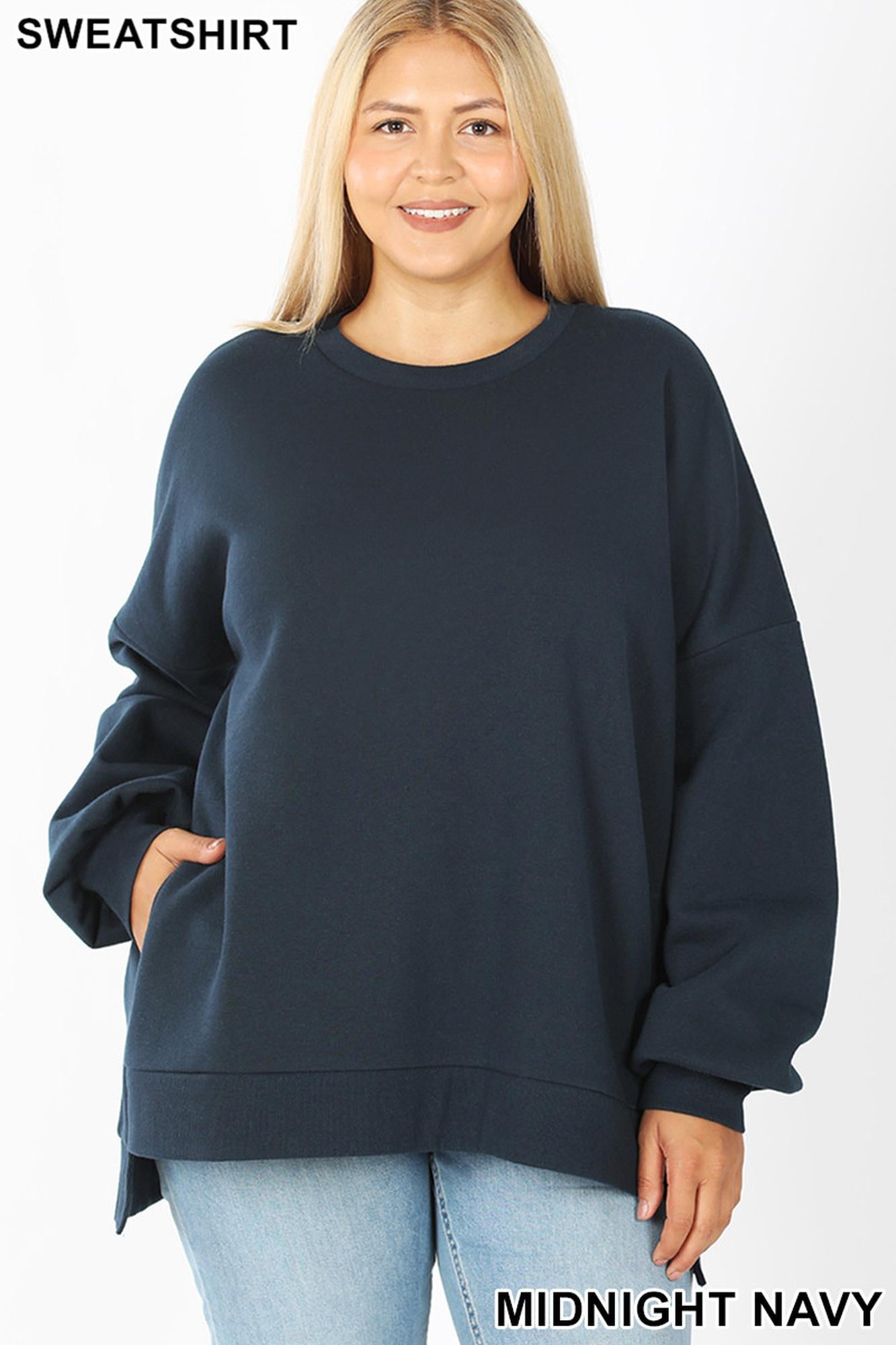 Crew Neck Hi|Low Pullover Top with Side Pockets