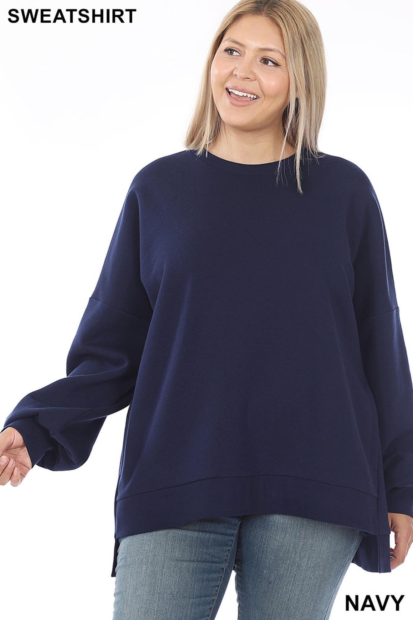 Crew Neck Hi|Low Pullover Top with Side Pockets