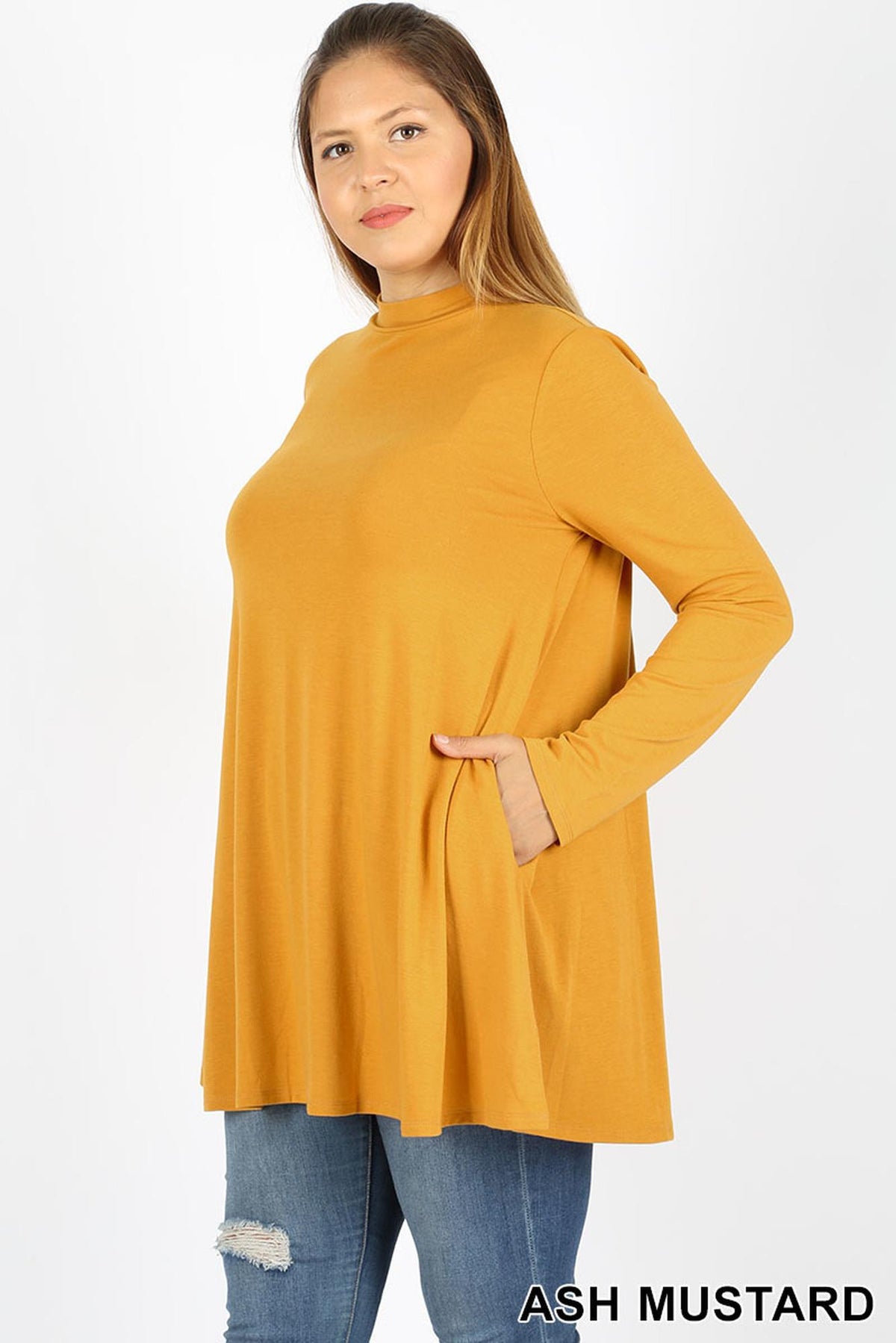 Long Sleeve Mock Neck Plus Size Top with Pockets