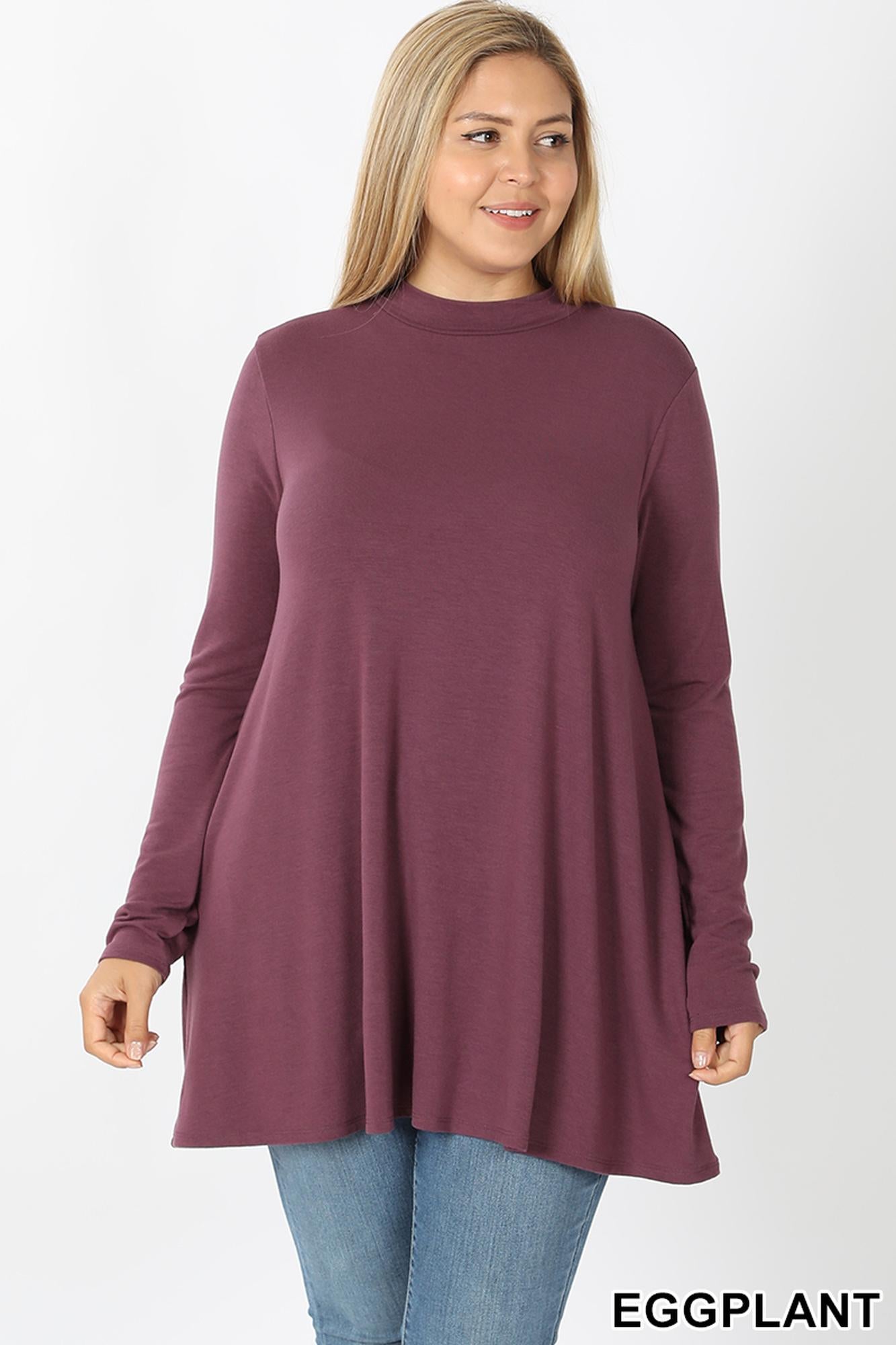 Long Sleeve Mock Neck Plus Size Top with Pockets