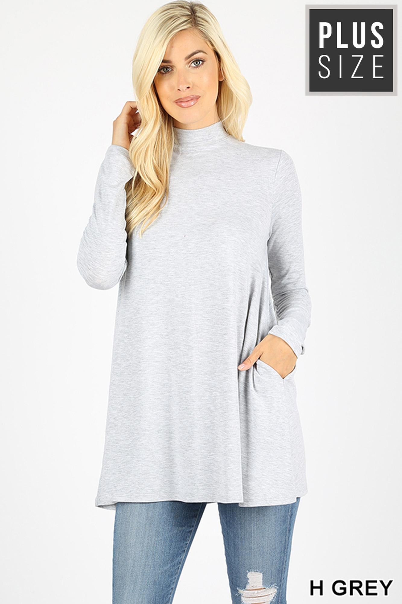 Long Sleeve Mock Neck Plus Size Top with Pockets