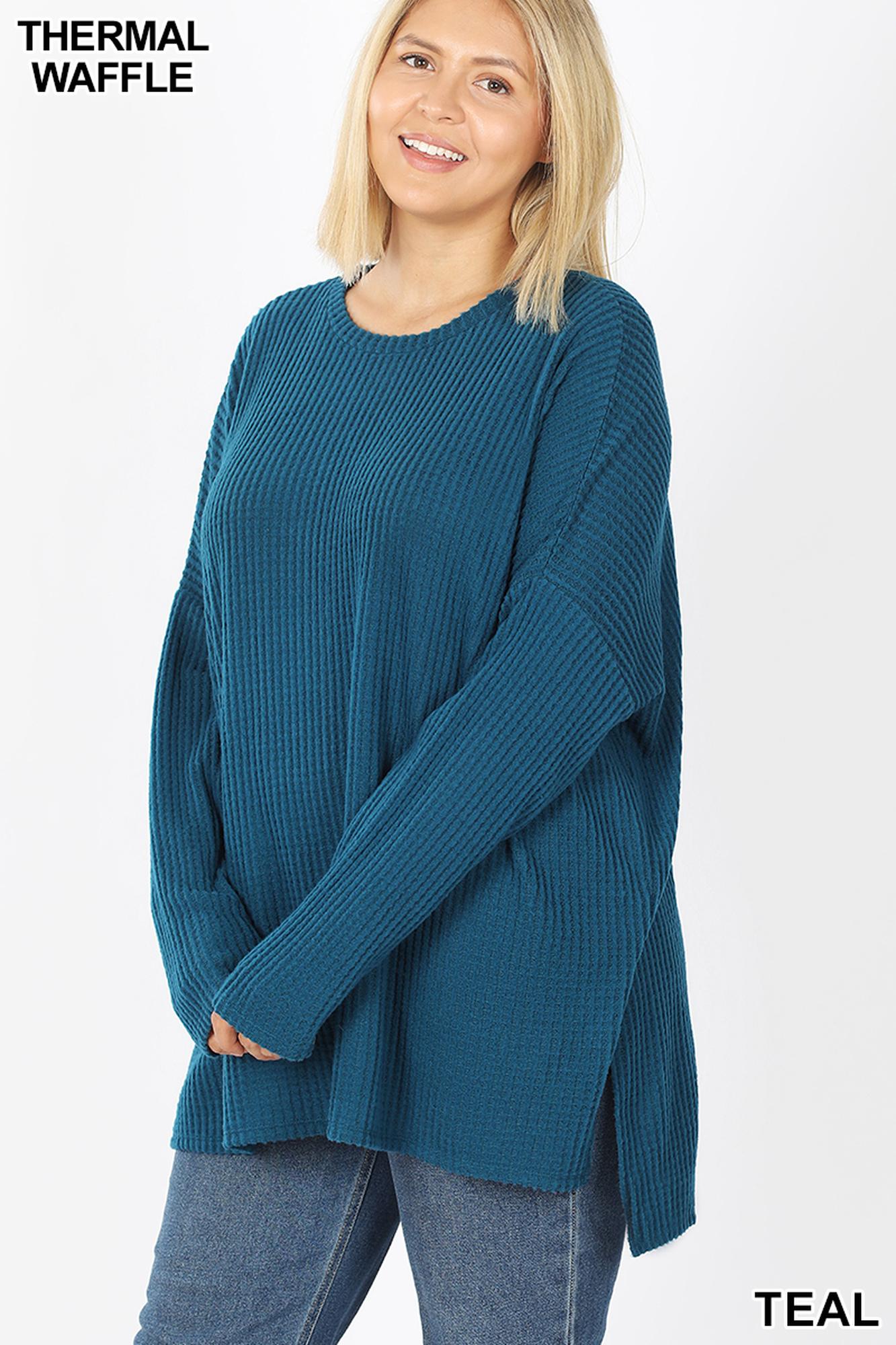 Brushed Thermal Waffle Knit Round Neck Hi-Low Plus Size Sweater