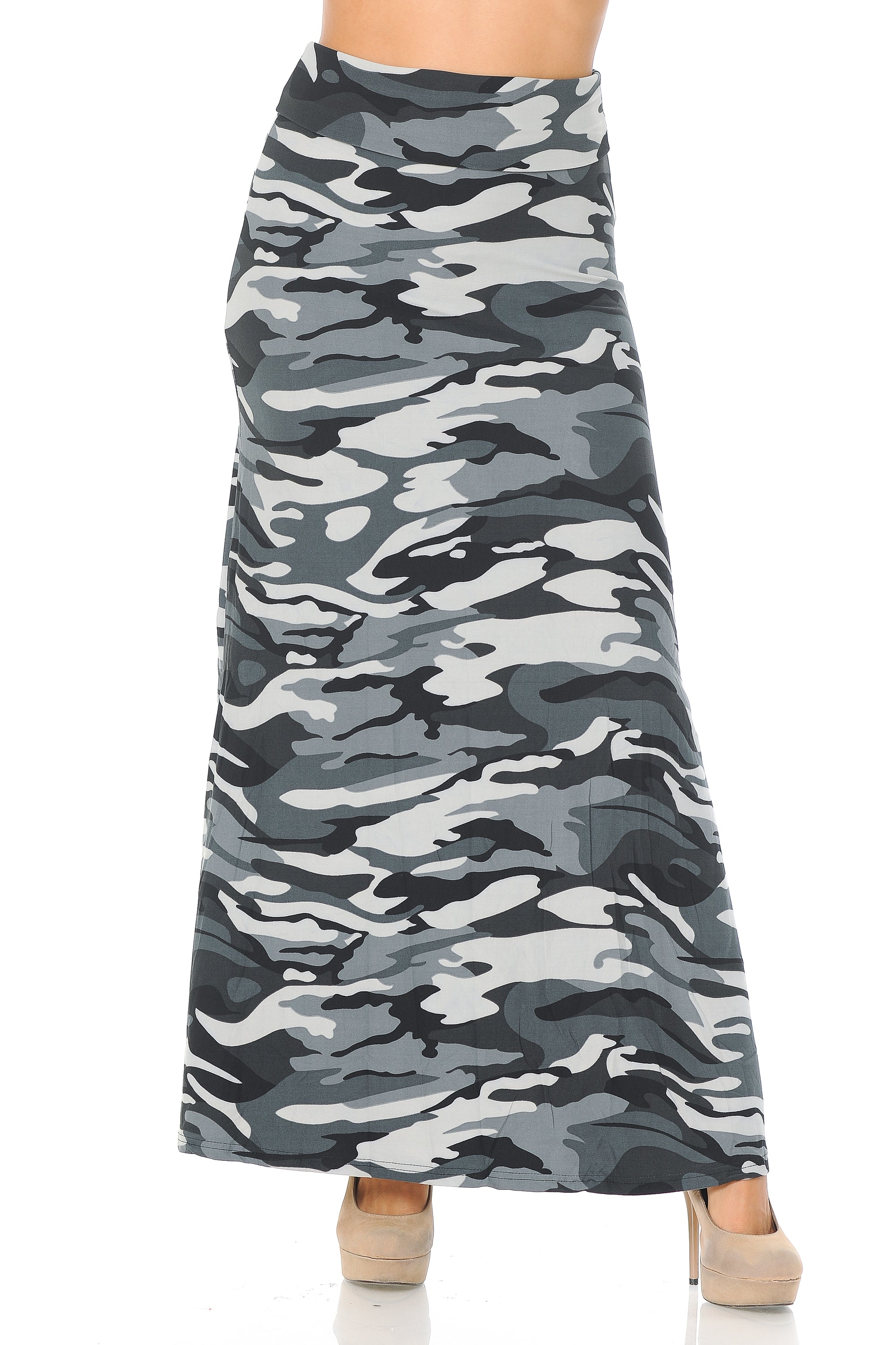 Brushed Charcoal Camouflage Maxi Skirt (One Size Regular,Charcoal)
