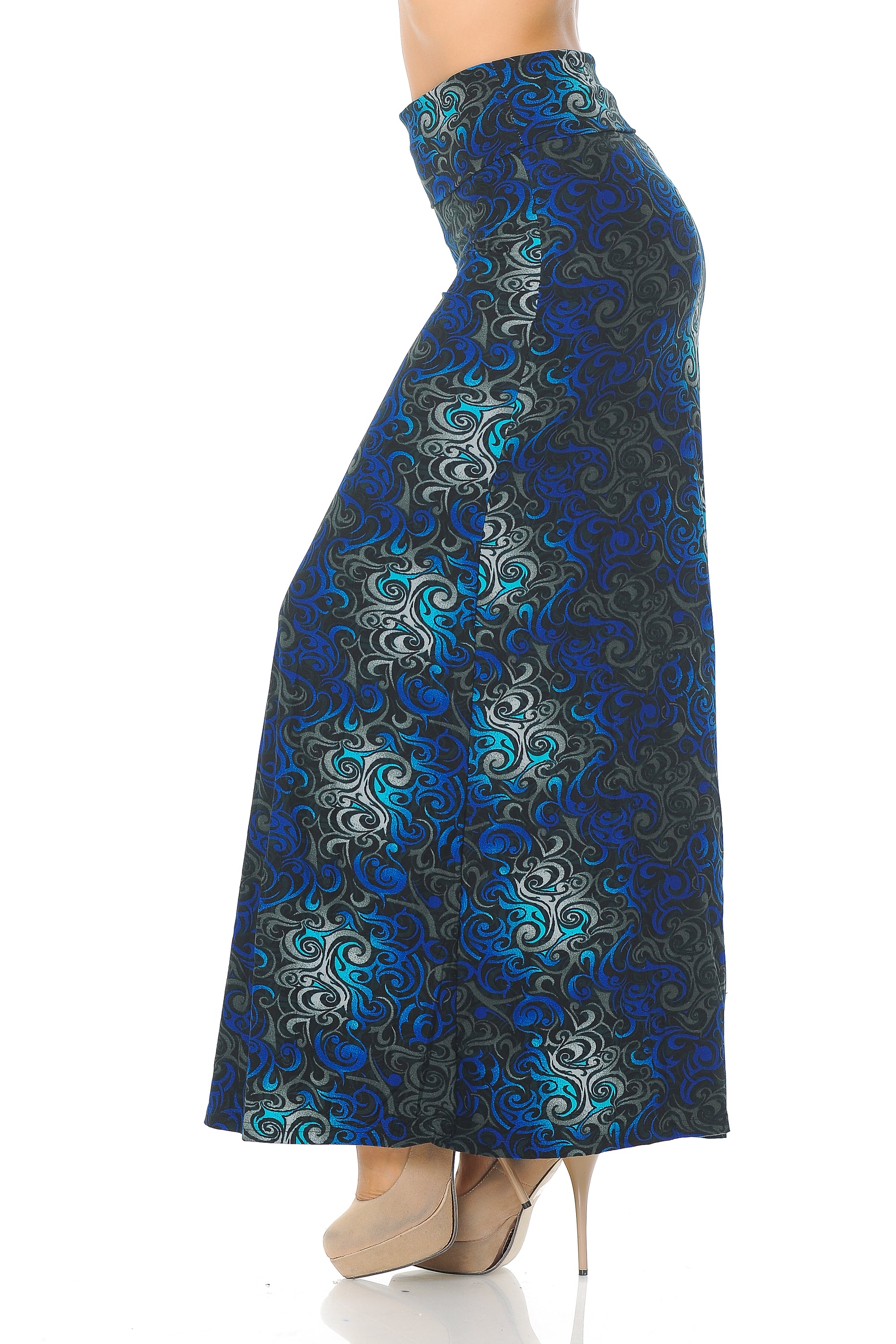 Buttery Soft Blue Tangled Swirl Maxi Skirt (One Size Regular,Blue)