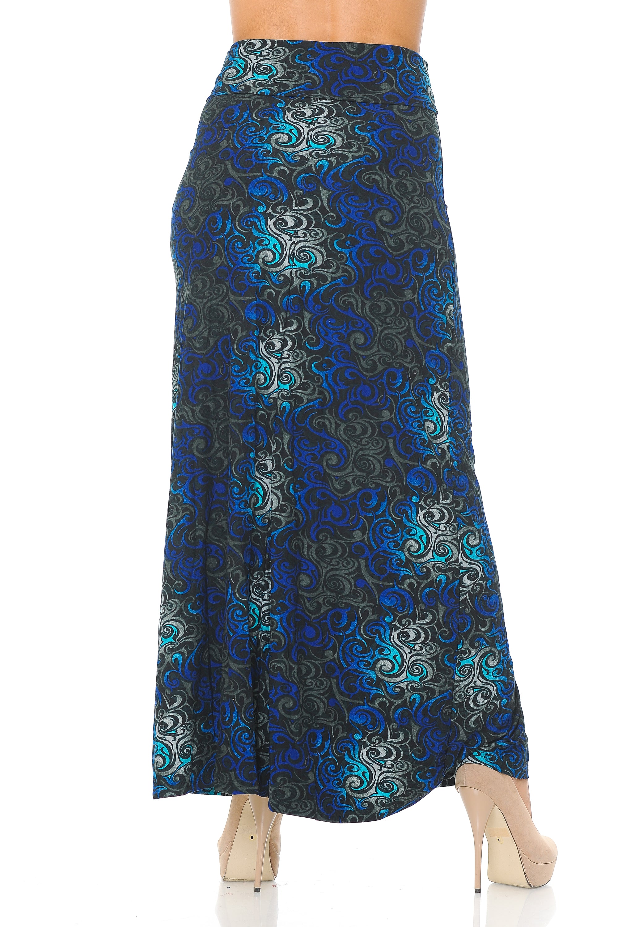 Buttery Soft Blue Tangled Swirl Maxi Skirt (One Size Regular,Blue)