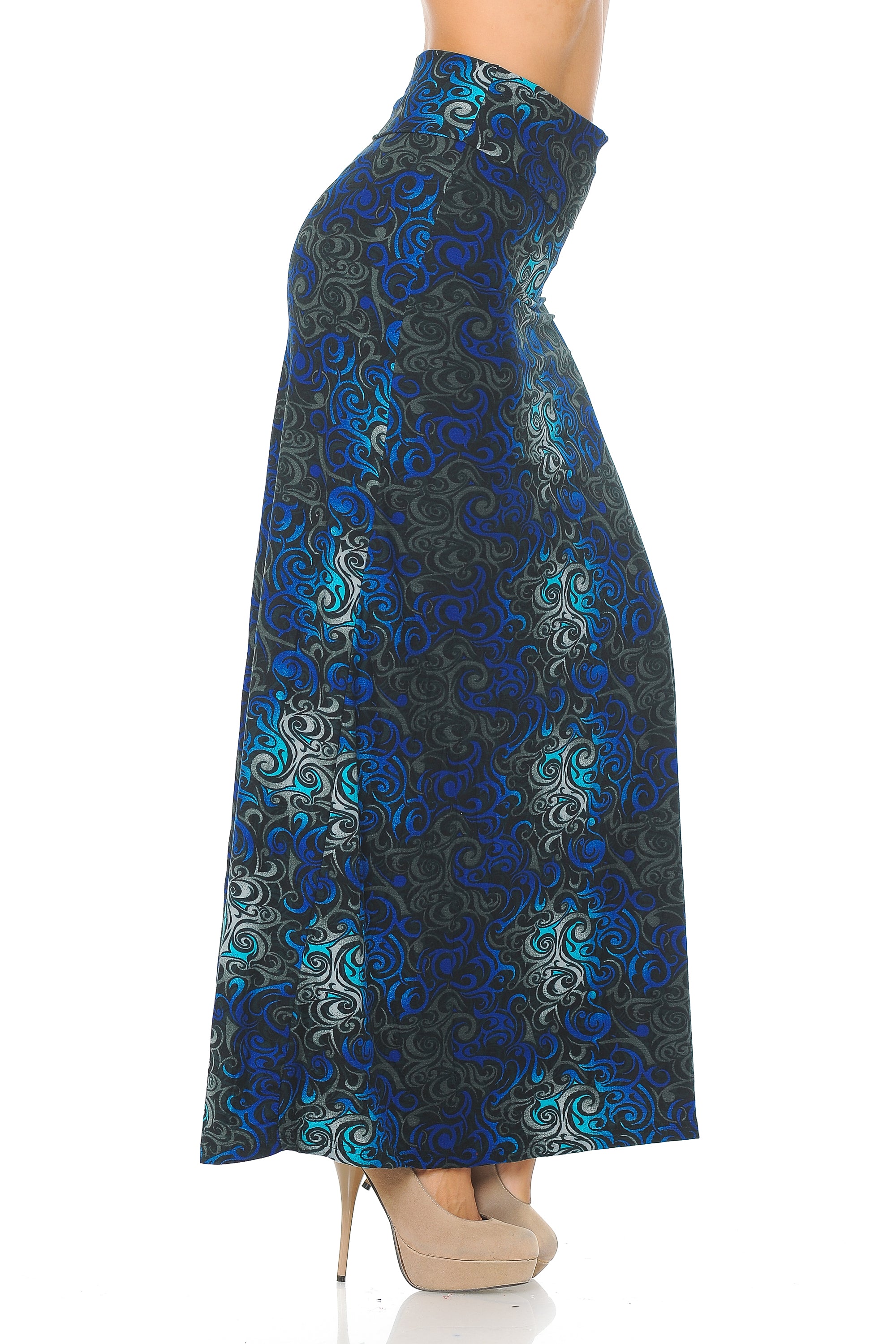 Buttery Soft Blue Tangled Swirl Maxi Skirt (One Size Regular,Blue)