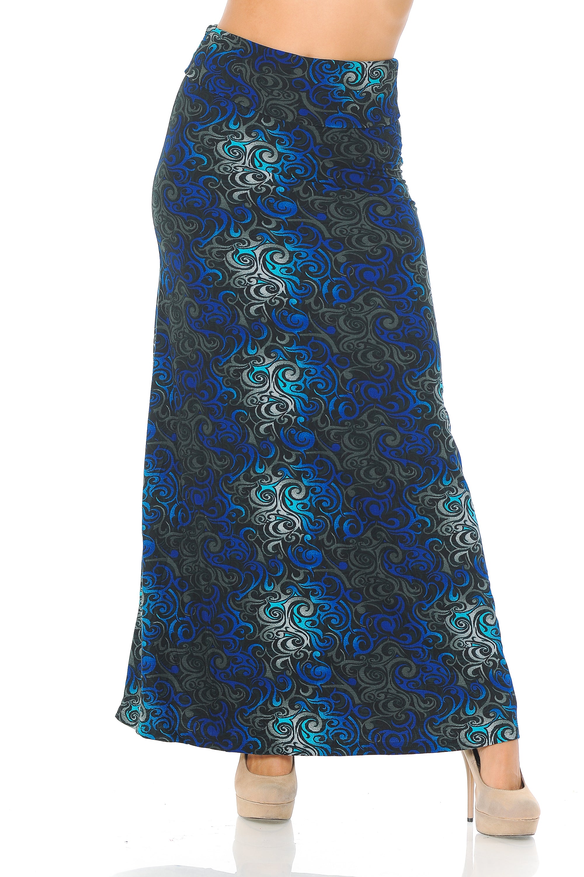 Buttery Soft Blue Tangled Swirl Maxi Skirt (One Size Regular,Blue)