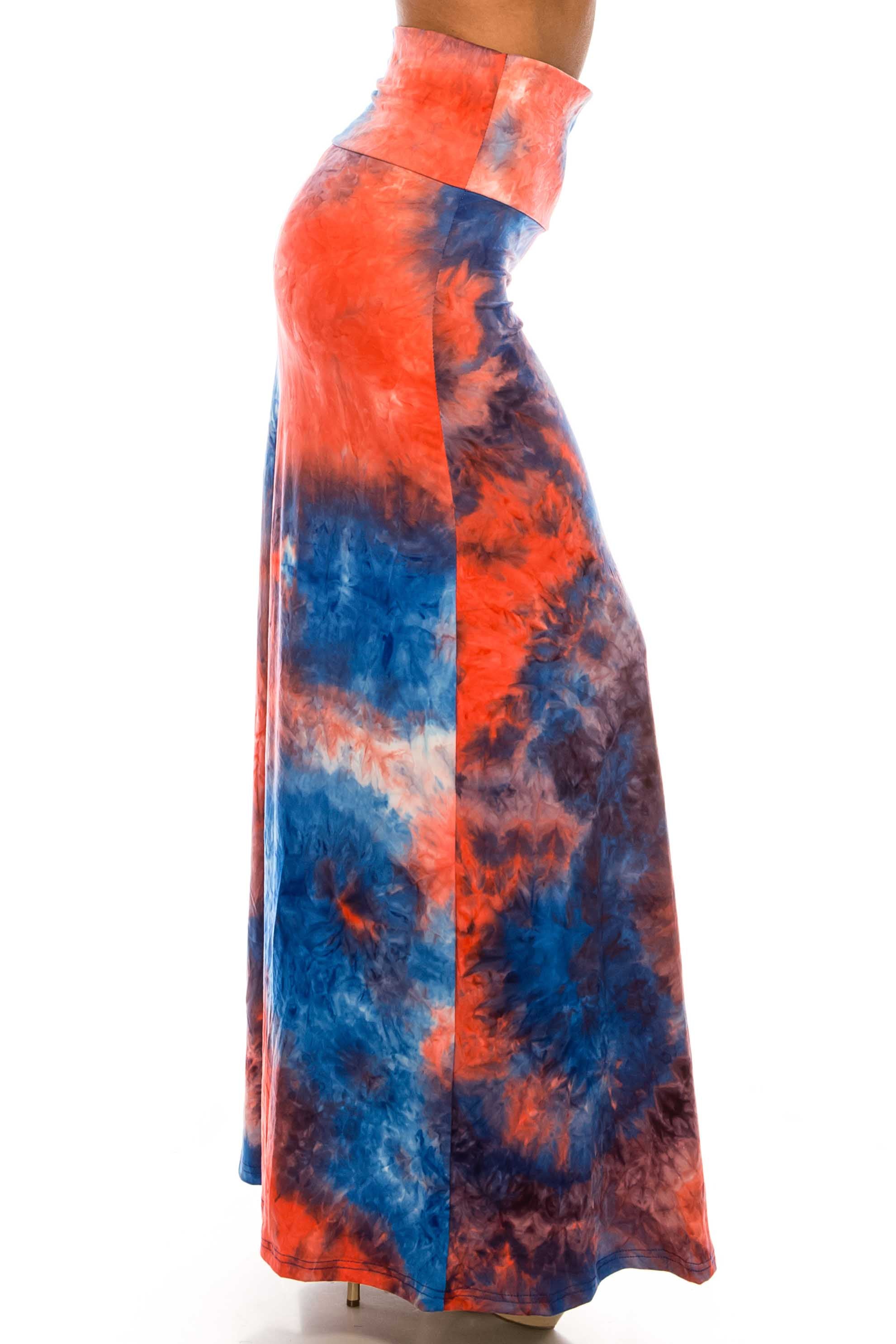 Buttery Soft Red and Blue Tie Dye Maxi Skirt (One Size Regular,Blue)