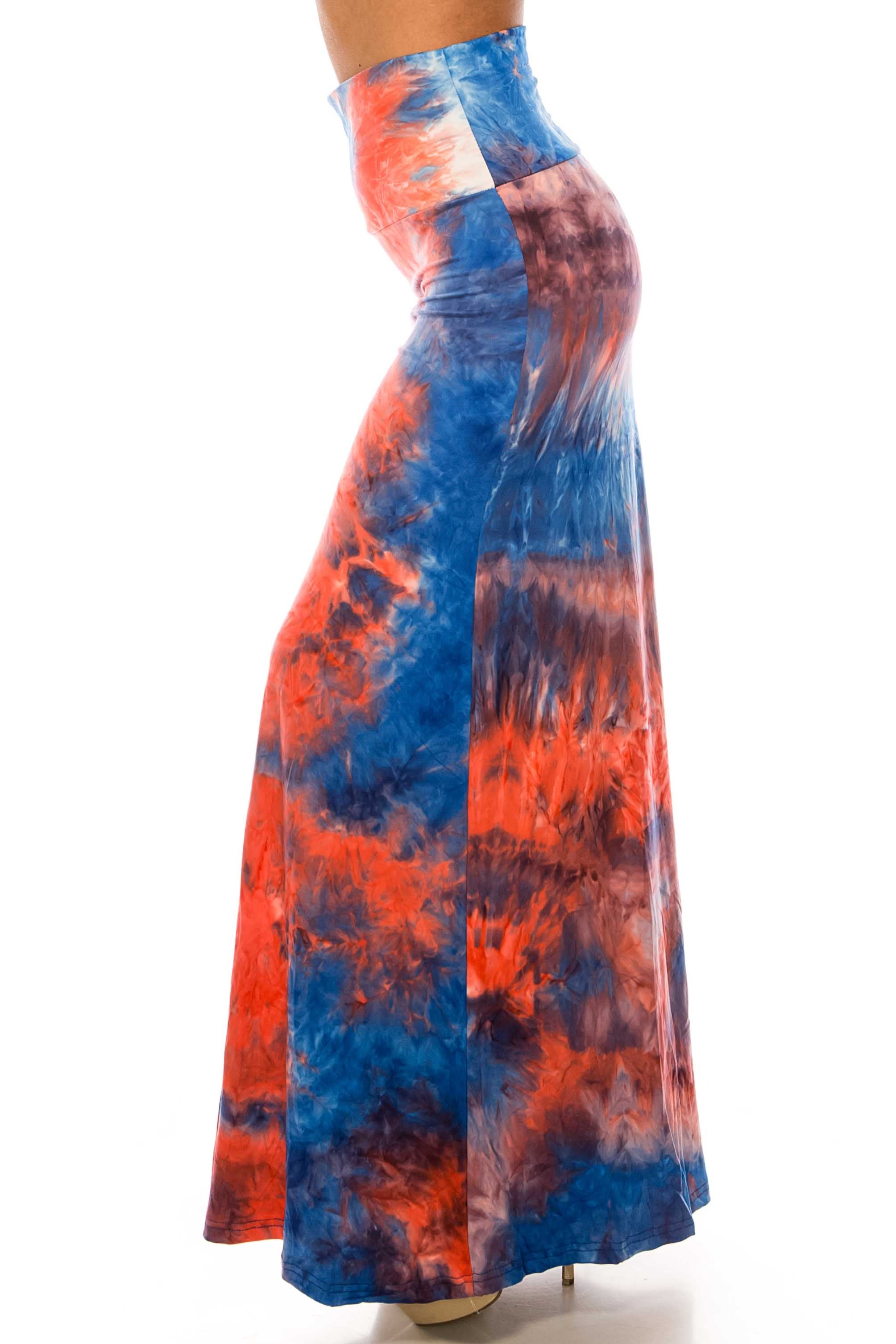 Buttery Soft Red and Blue Tie Dye Maxi Skirt (One Size Regular,Blue)