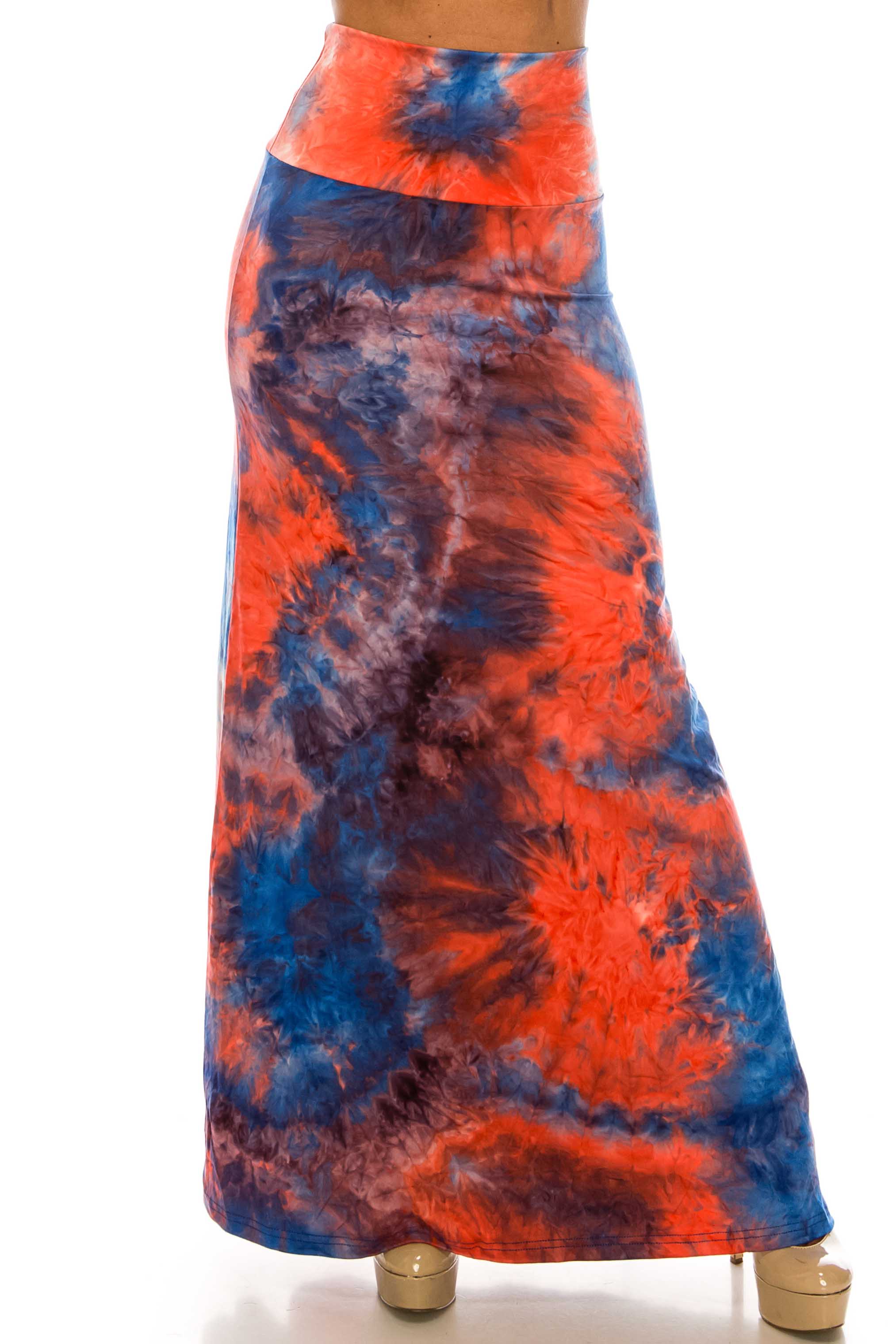Buttery Soft Red and Blue Tie Dye Maxi Skirt (One Size Regular,Blue)