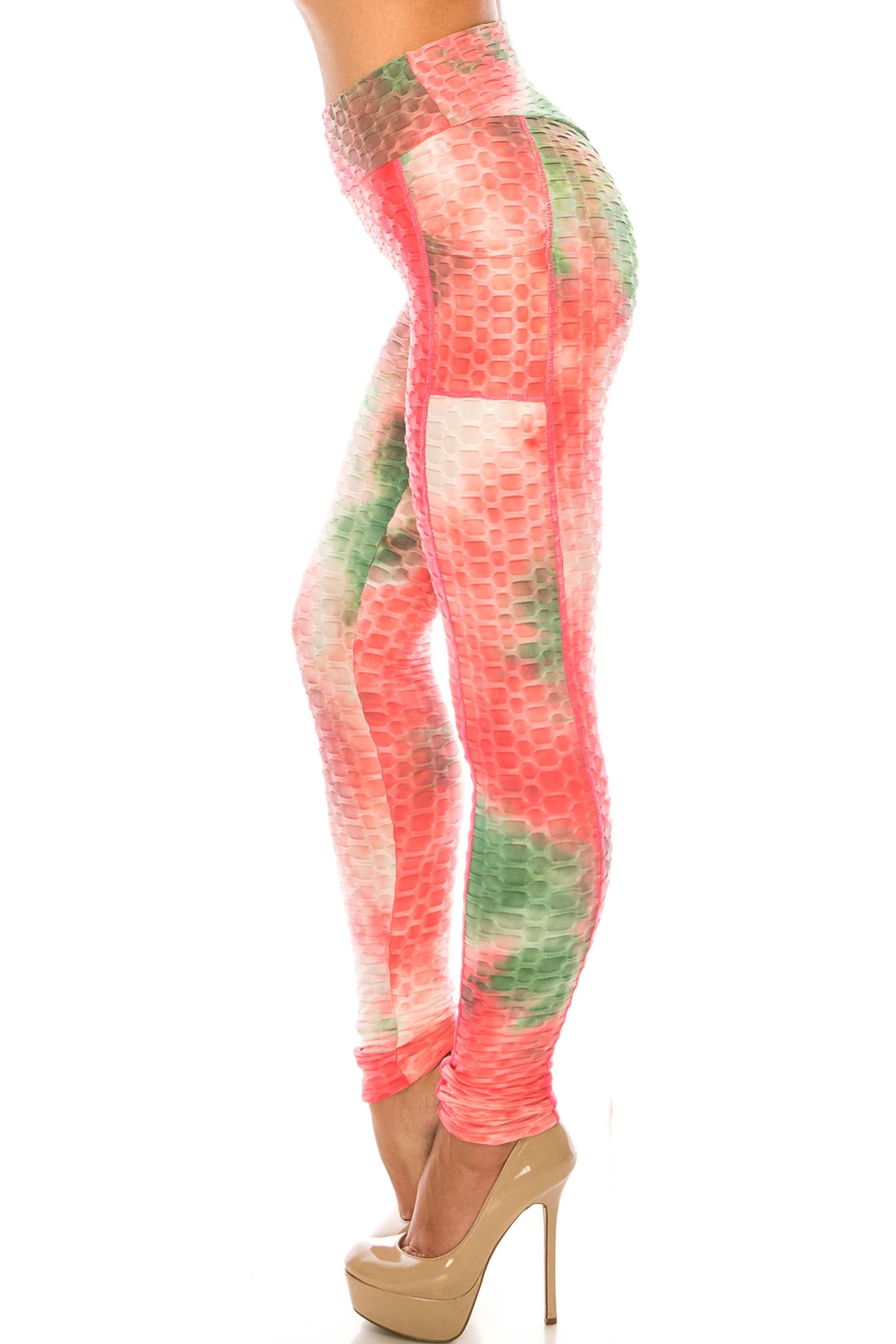 Premium Coral Olive Tie Dye Scrunch Butt Workout Leggings with Side Pockets