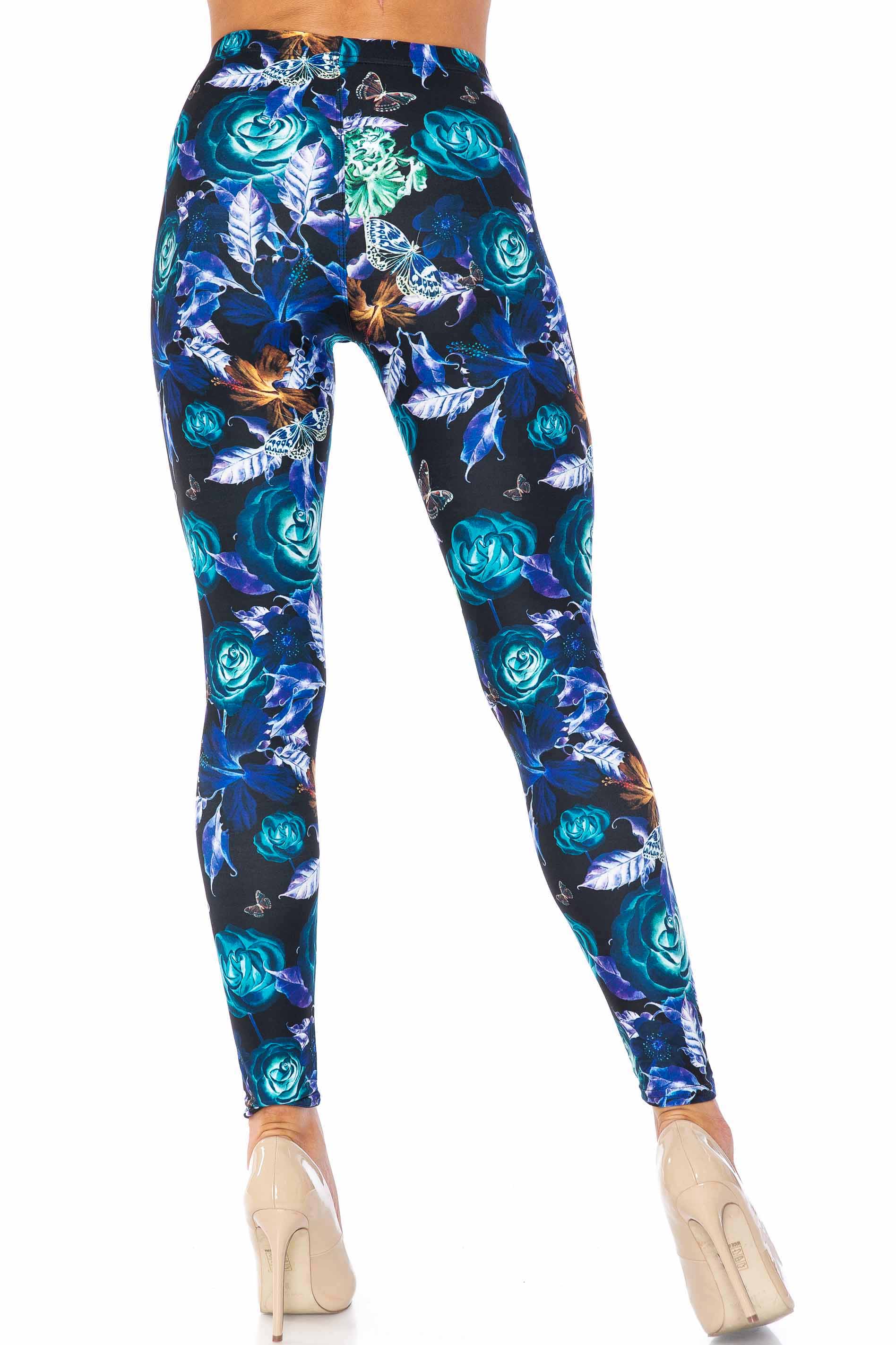 Creamy Soft Electric Blue Floral Butterfly Kids Leggings | USA Fashion™