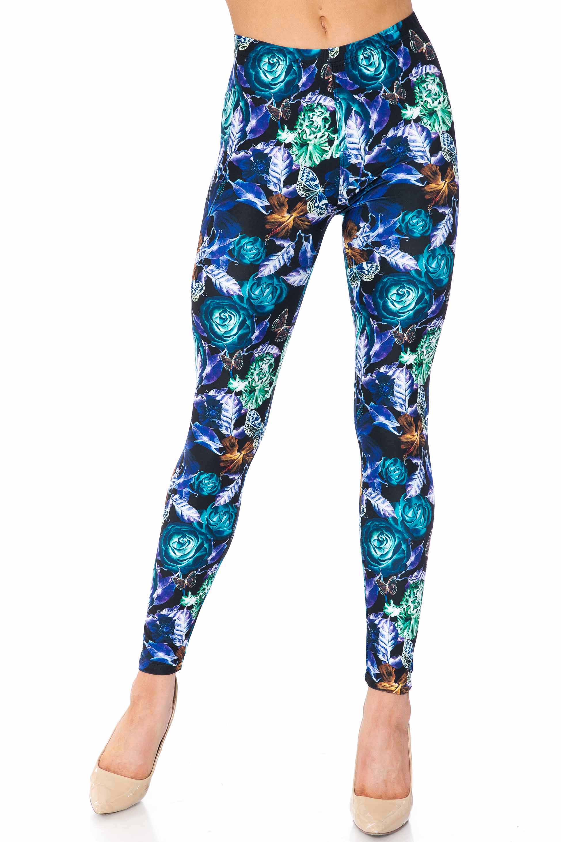 Creamy Soft Electric Blue Floral Butterfly Kids Leggings | USA Fashion™