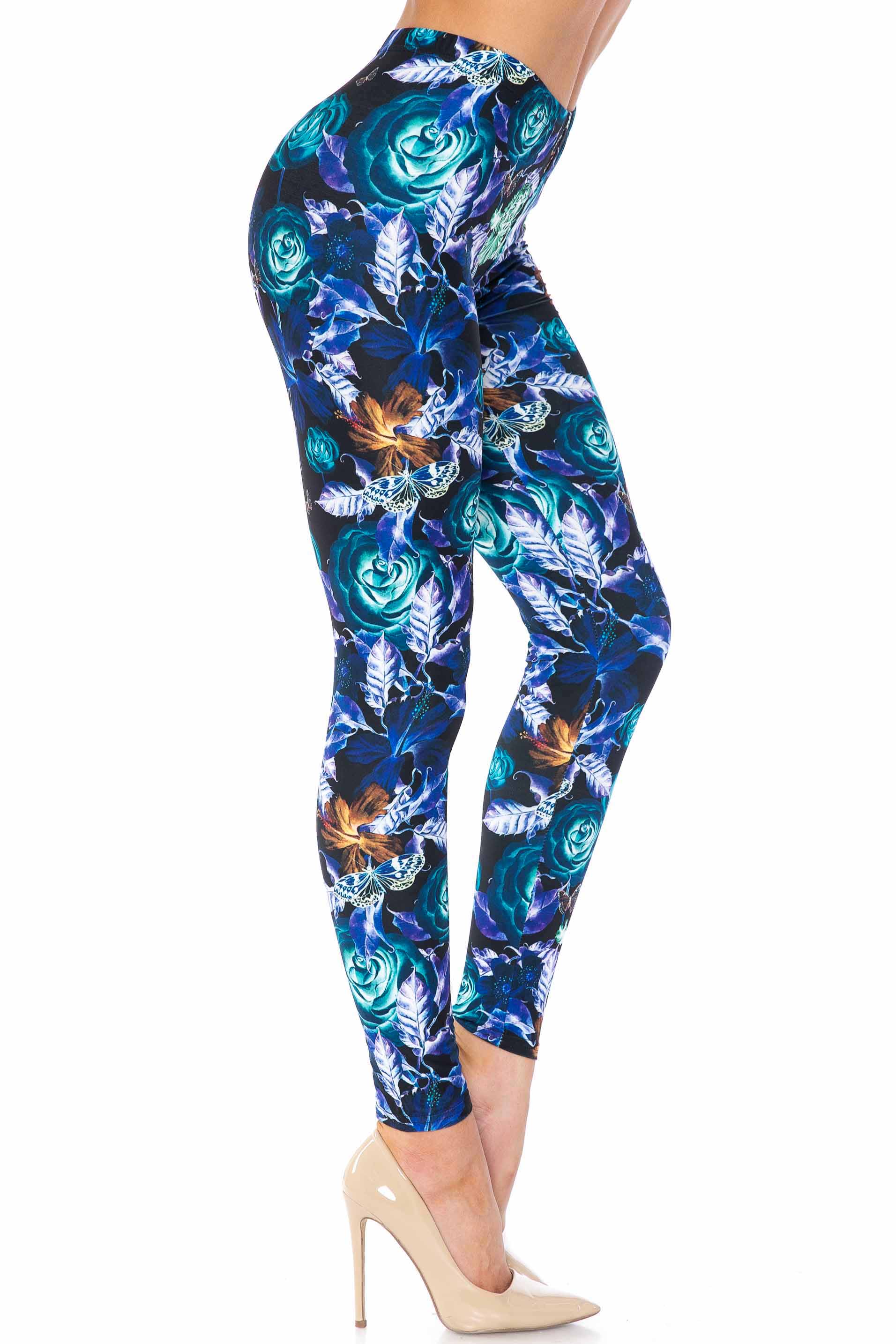 Creamy Soft Electric Blue Floral Butterfly Kids Leggings | USA Fashion™