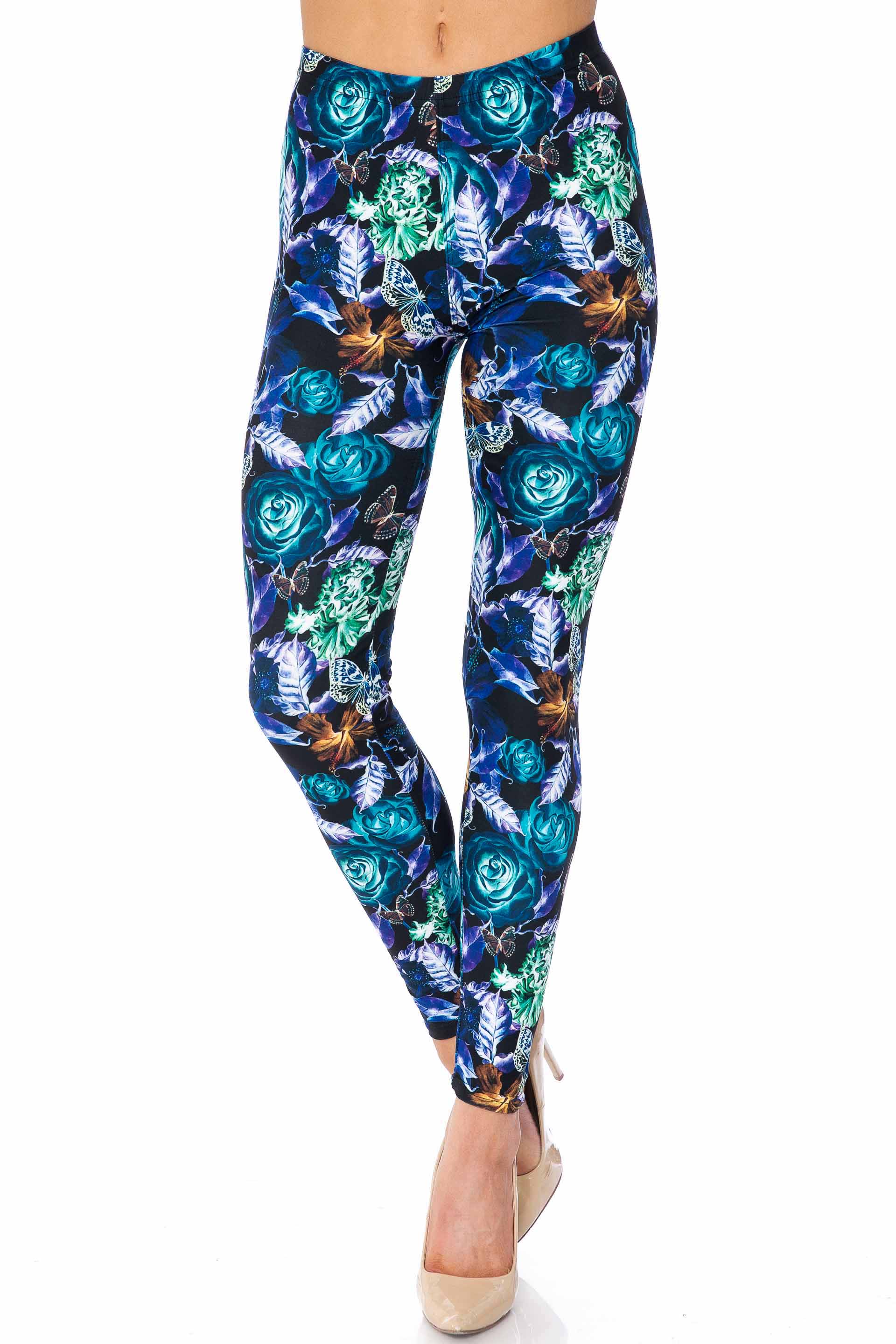Creamy Soft Electric Blue Floral Butterfly Kids Leggings | USA Fashion™